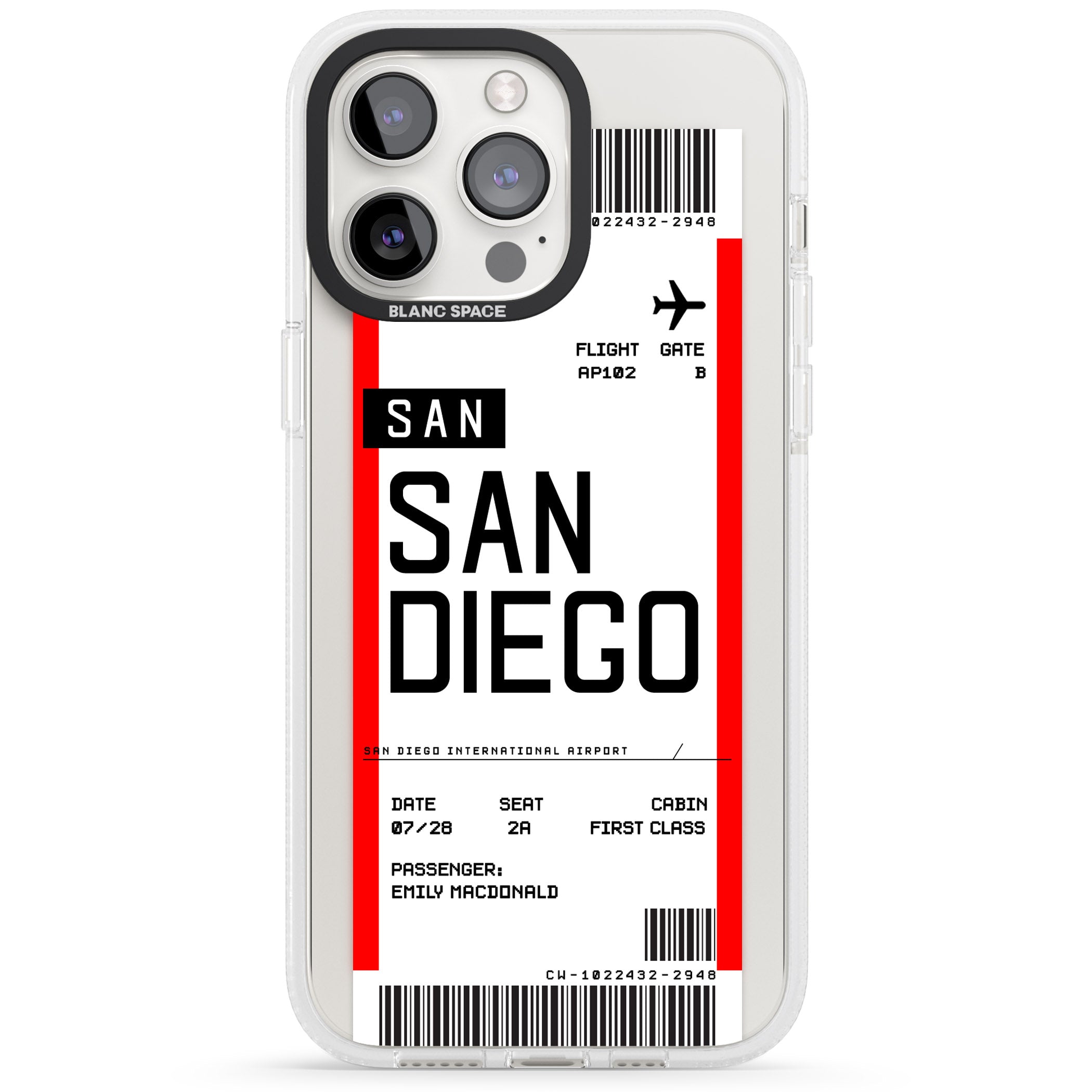 Personalised San Diego Boarding Pass iPhone 15 Pro Max / 15 Pro / 14 Pro Max / 14 Pro / 13 Pro Clear Case Impact Air - Blanc Space