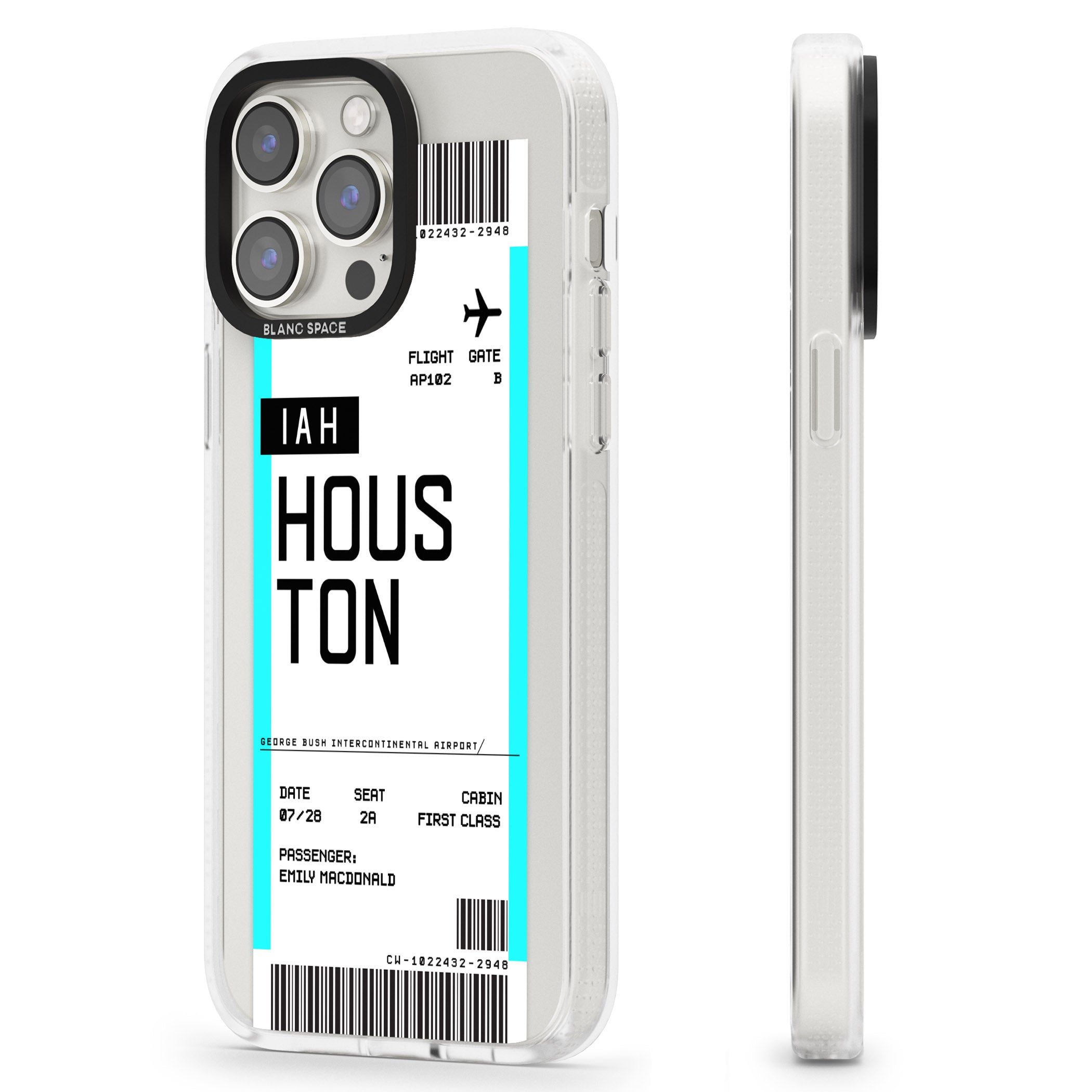 Personalised Houston Boarding Pass iPhone 15 Pro Max / 15 Pro / 14 Pro Max / 14 Pro / 13 Pro Clear Case Impact Air - Blanc Space