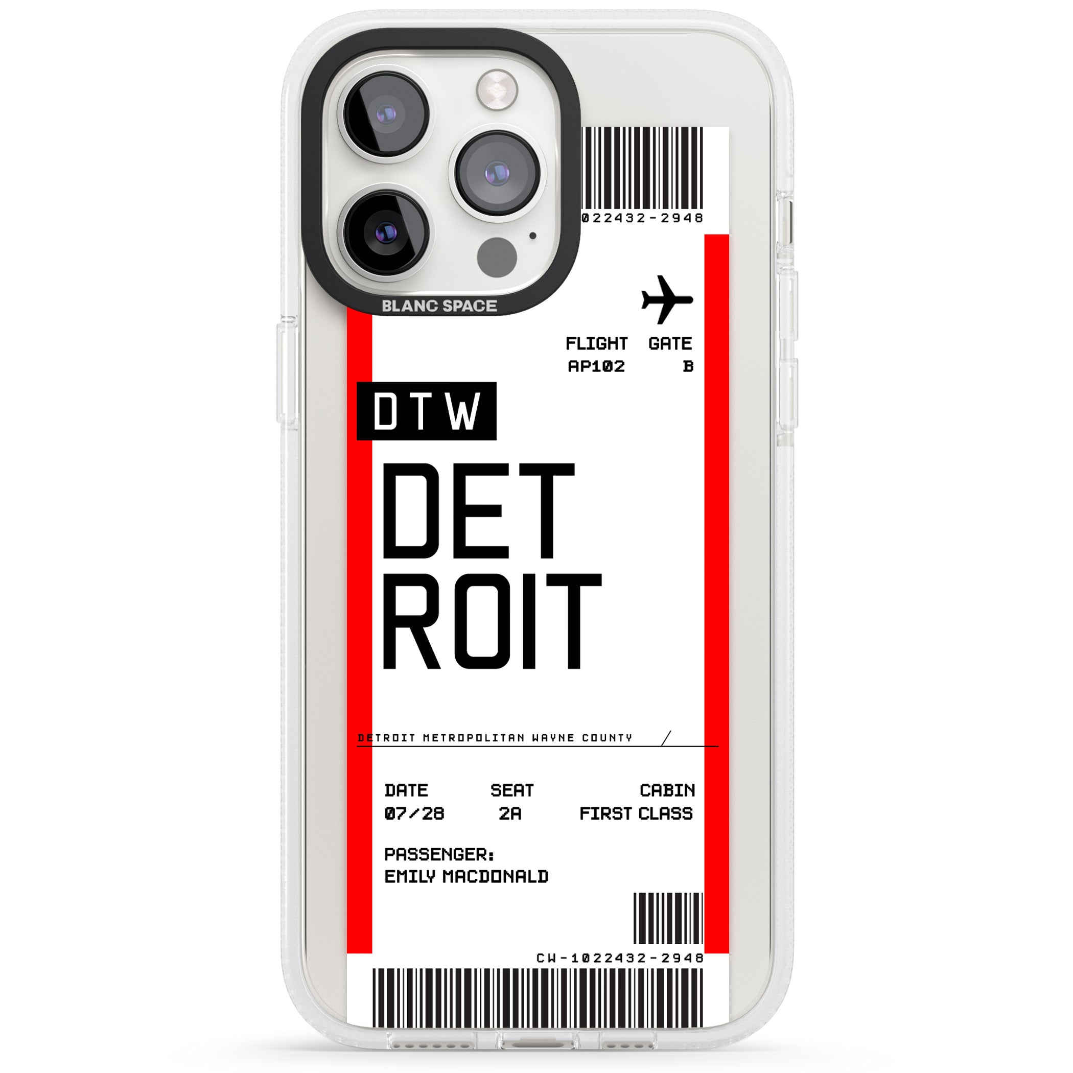 Personalised Detroit Boarding Pass iPhone 15 Pro Max / 15 Pro / 14 Pro Max / 14 Pro / 13 Pro Clear Case Impact Air - Blanc Space
