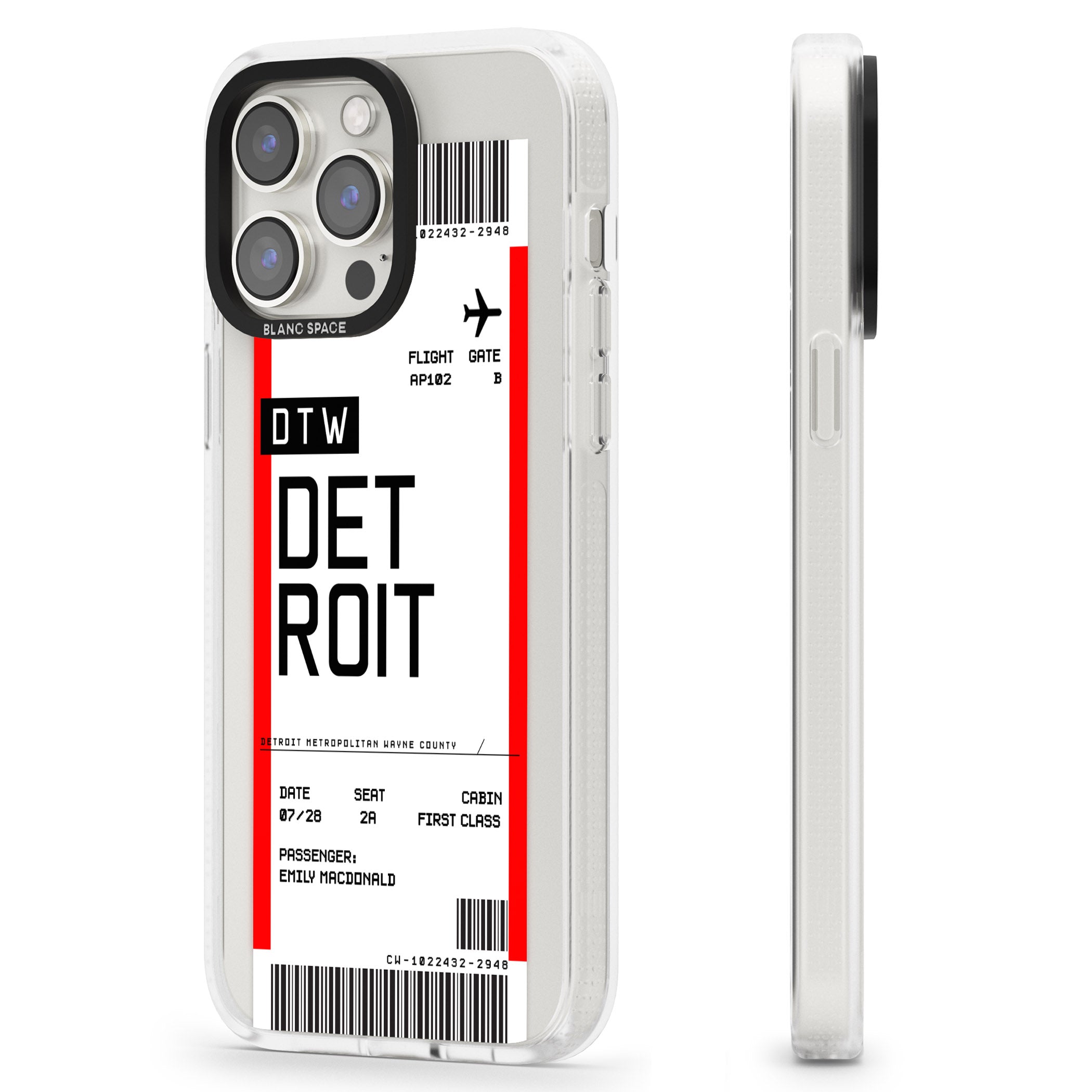 Personalised Detroit Boarding Pass iPhone 15 Pro Max / 15 Pro / 14 Pro Max / 14 Pro / 13 Pro Clear Case Impact Air - Blanc Space