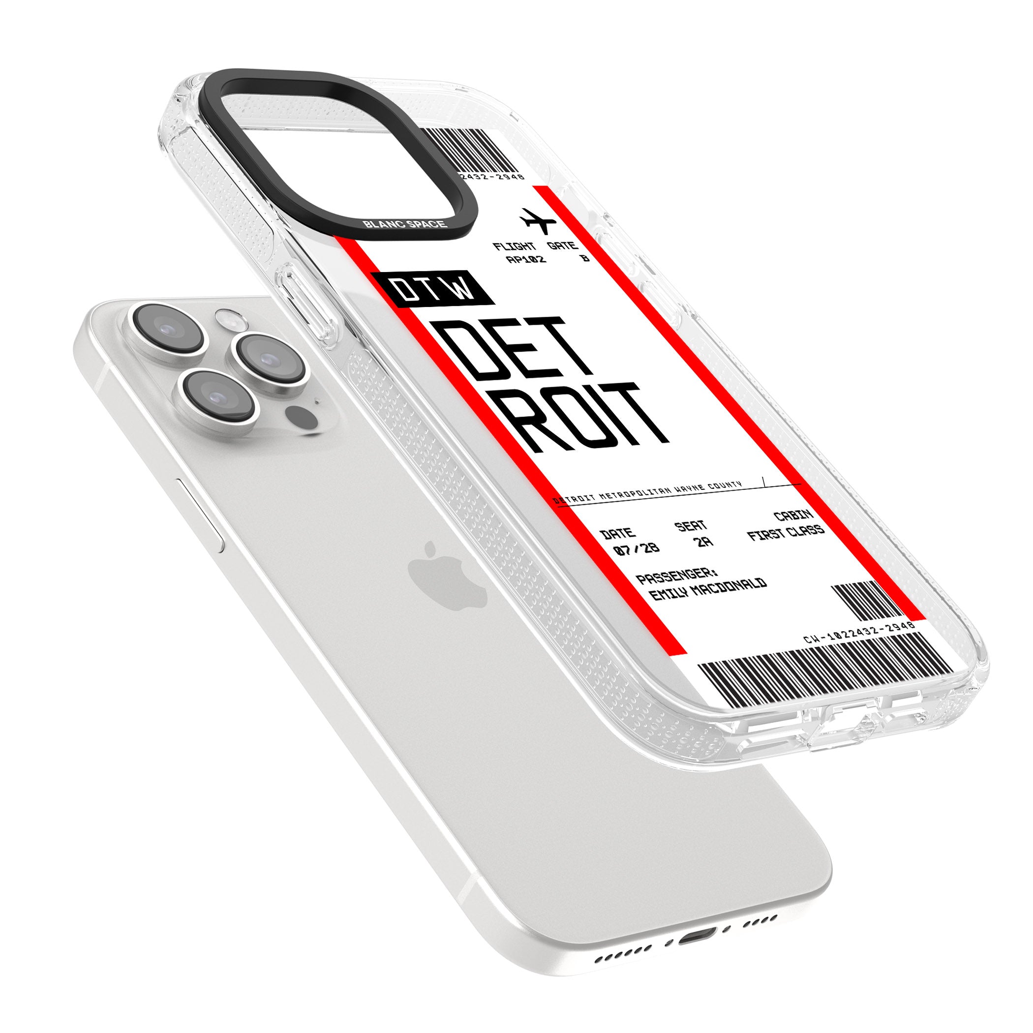 Personalised Detroit Boarding Pass iPhone 15 Pro Max / 15 Pro / 14 Pro Max / 14 Pro / 13 Pro Clear Case Impact Air - Blanc Space