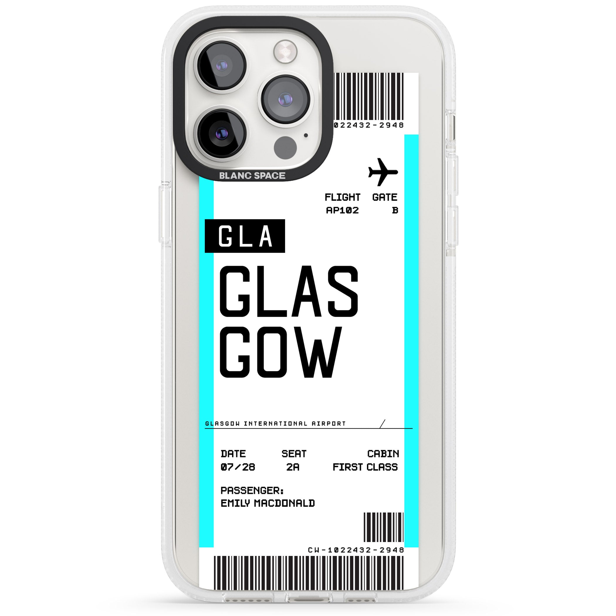 Personalised Glasgow Boarding Pass iPhone 15 Pro Max / 15 Pro / 14 Pro Max / 14 Pro / 13 Pro Clear Case Impact Air - Blanc Space
