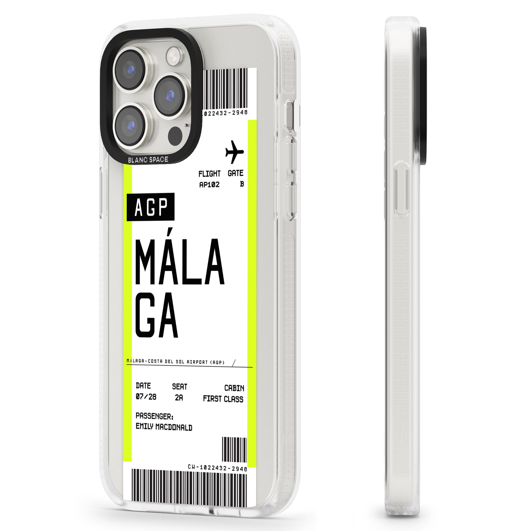 Personalised Málaga Boarding Pass iPhone 15 Pro Max / 15 Pro / 14 Pro Max / 14 Pro / 13 Pro Clear Case Impact Air - Blanc Space