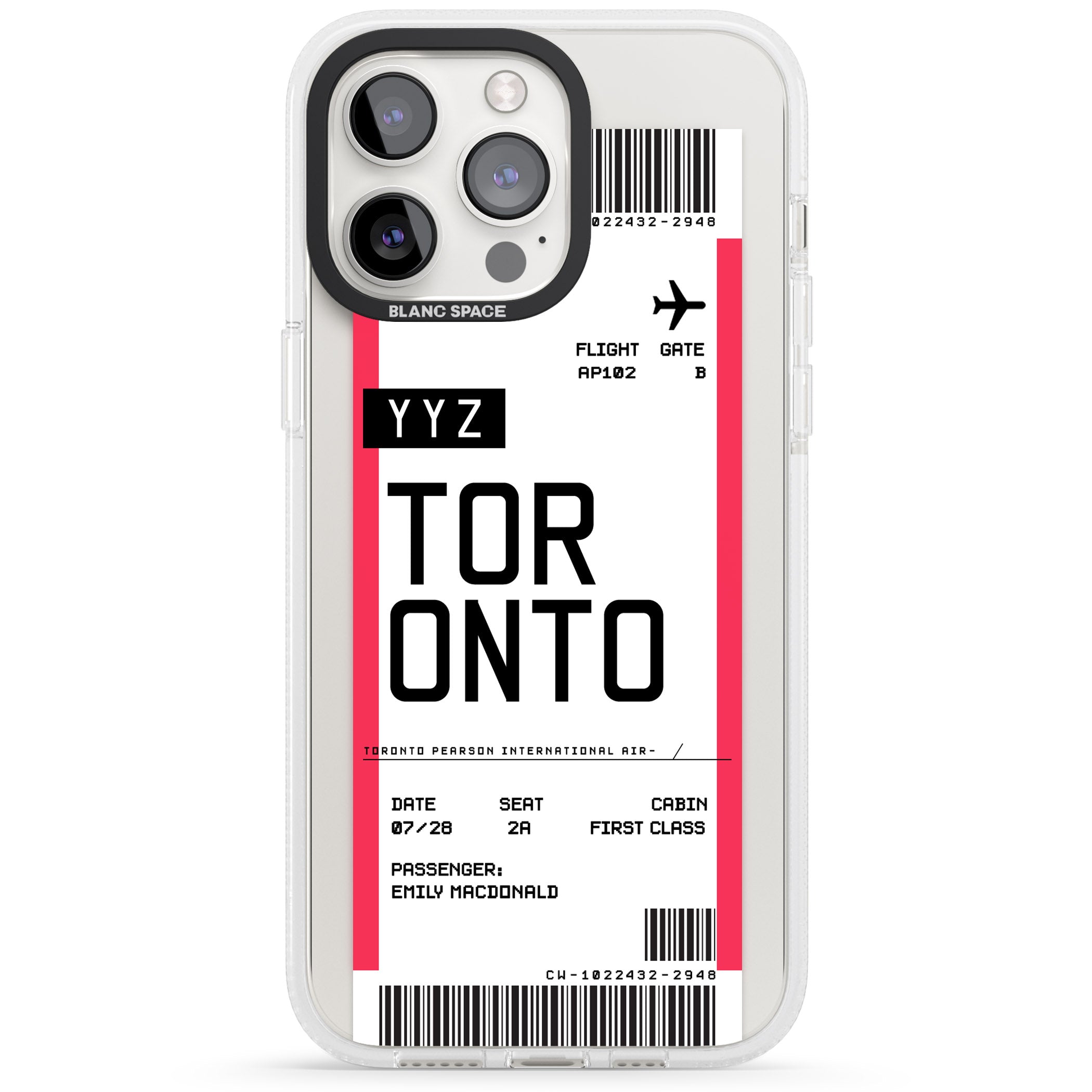 Personalised Toronto Boarding Pass iPhone 15 Pro Max / 15 Pro / 14 Pro Max / 14 Pro / 13 Pro Clear Case Impact Air - Blanc Space