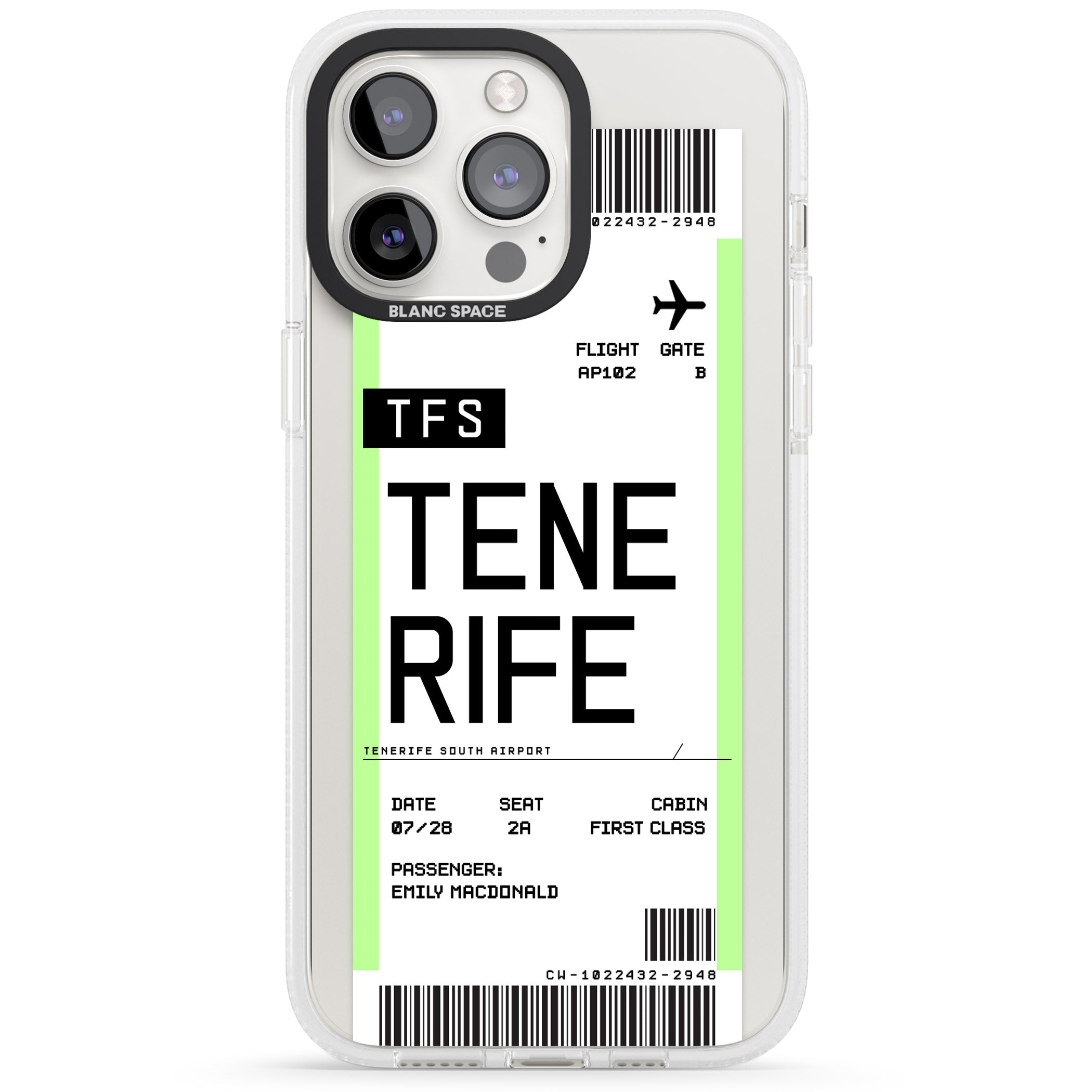 Personalised Tenerife Boarding Pass iPhone 15 Pro Max / 15 Pro / 14 Pro Max / 14 Pro / 13 Pro Clear Case Impact Air - Blanc Space