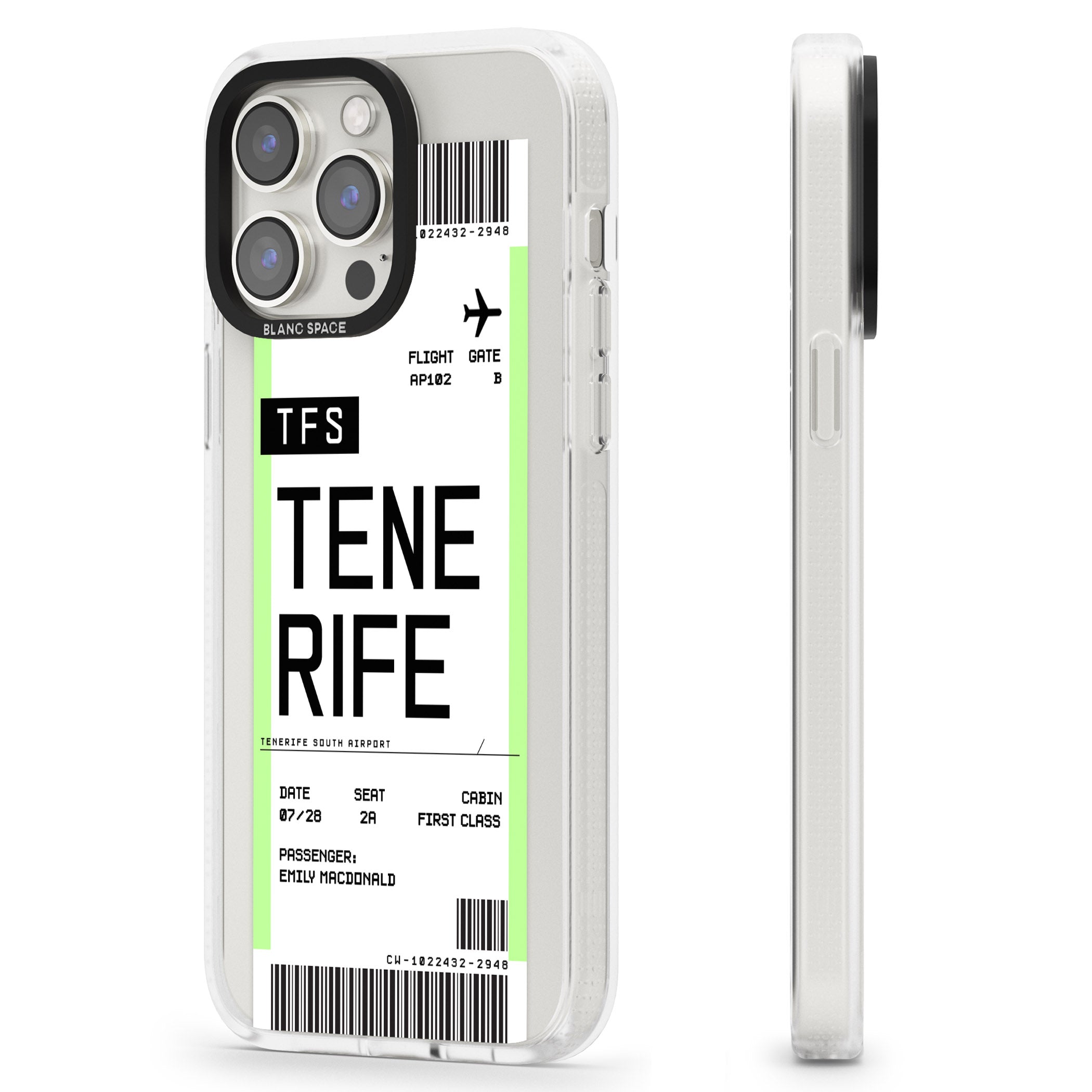 Personalised Tenerife Boarding Pass iPhone 15 Pro Max / 15 Pro / 14 Pro Max / 14 Pro / 13 Pro Clear Case Impact Air - Blanc Space