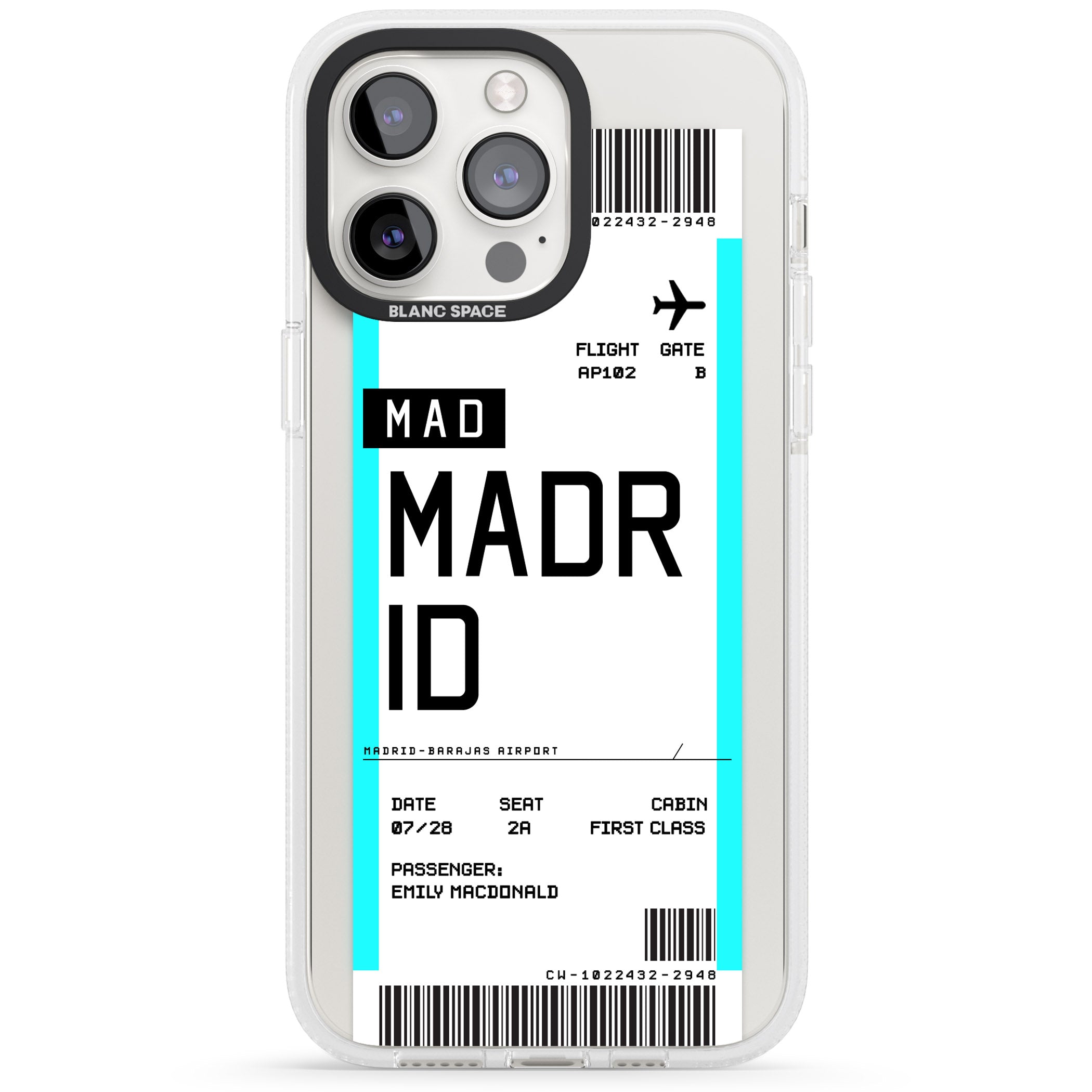 Personalised Madrid Boarding Pass iPhone 15 Pro Max / 15 Pro / 14 Pro Max / 14 Pro / 13 Pro Clear Case Impact Air - Blanc Space