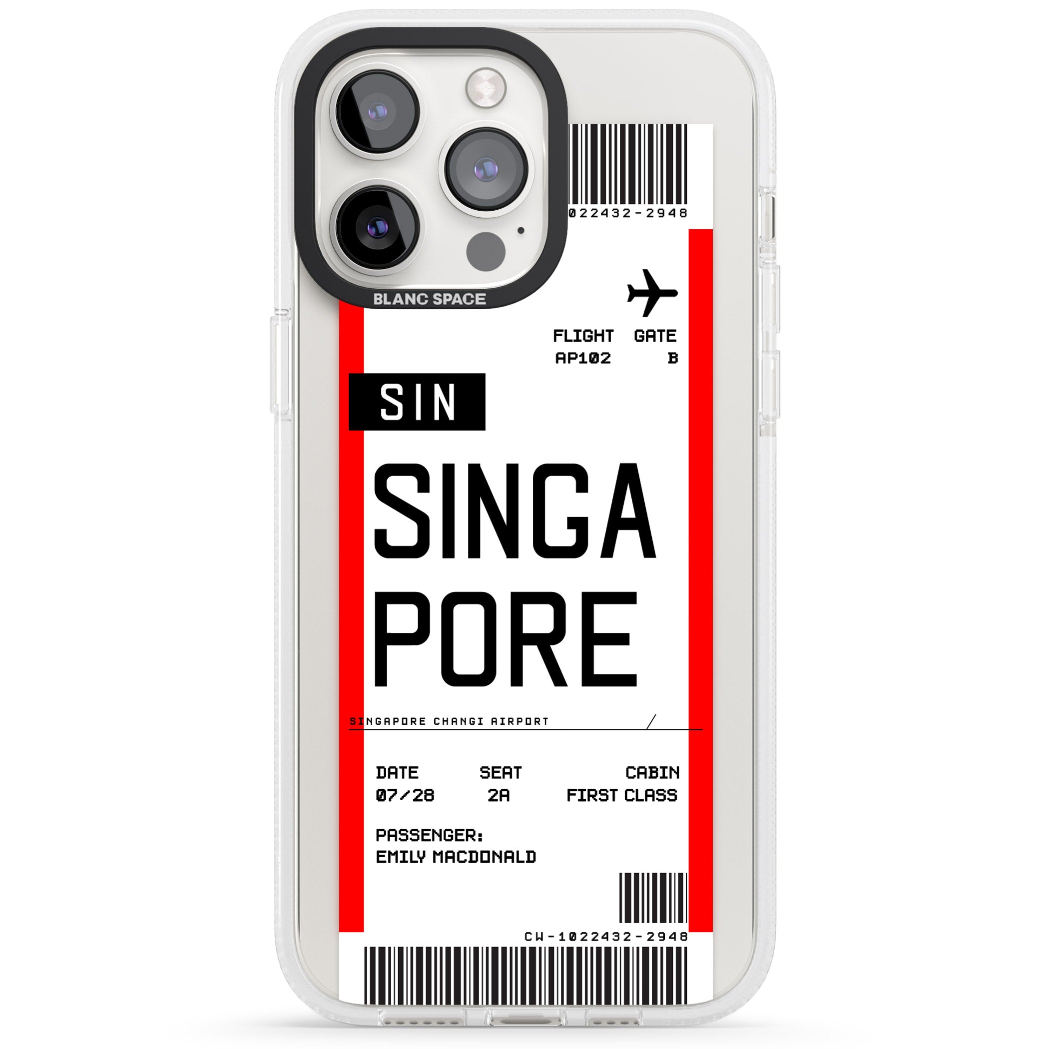Personalised Singapore Boarding Pass iPhone 15 Pro Max / 15 Pro / 14 Pro Max / 14 Pro / 13 Pro Clear Case Impact Air - Blanc Space
