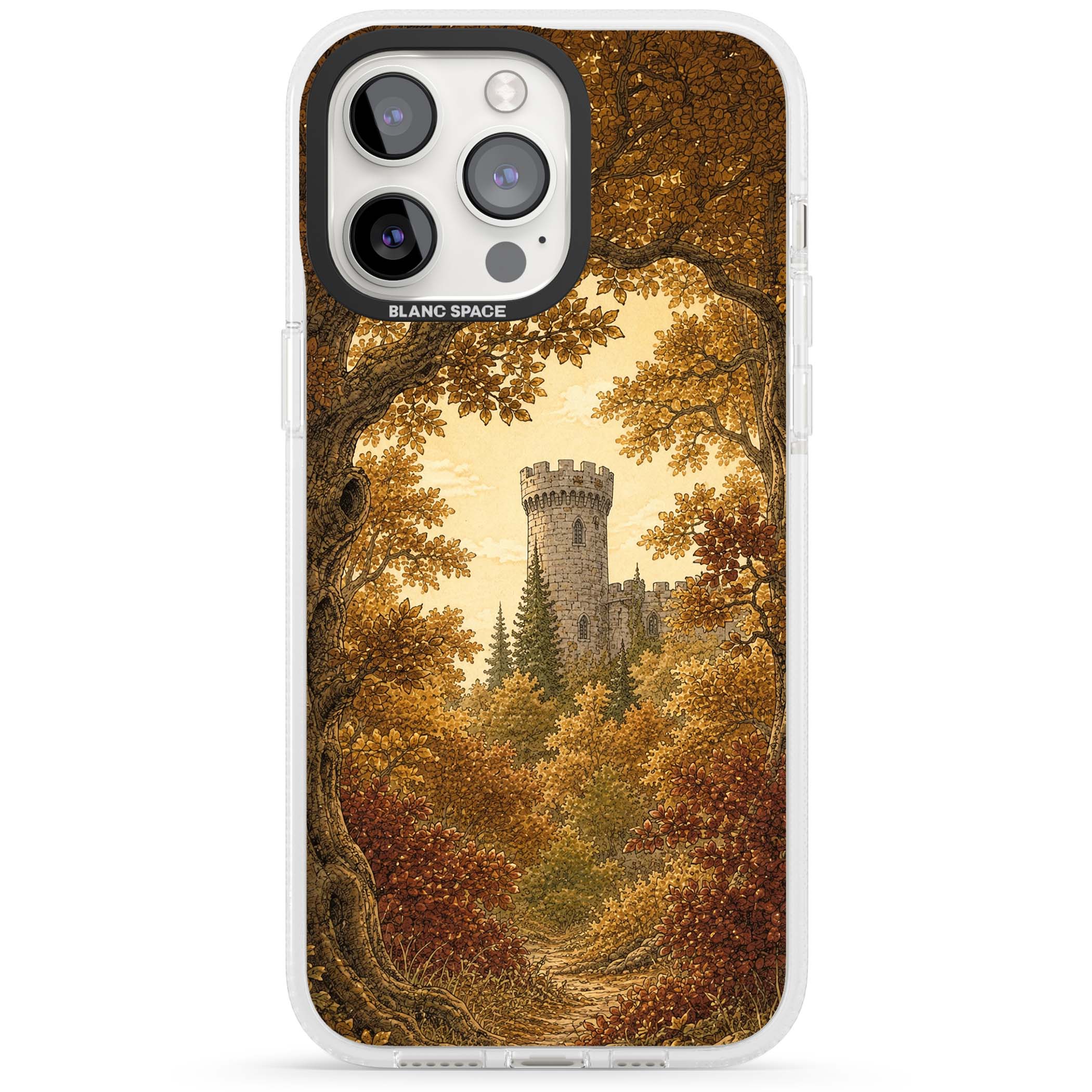 Autumn Keep cottagecore iPhone case featuring a medieval castle tower framed by golden autumn trees and woodland foliage | Clear Case Impact Air case for iPhone 15 Pro, iPhone 15 Pro Max