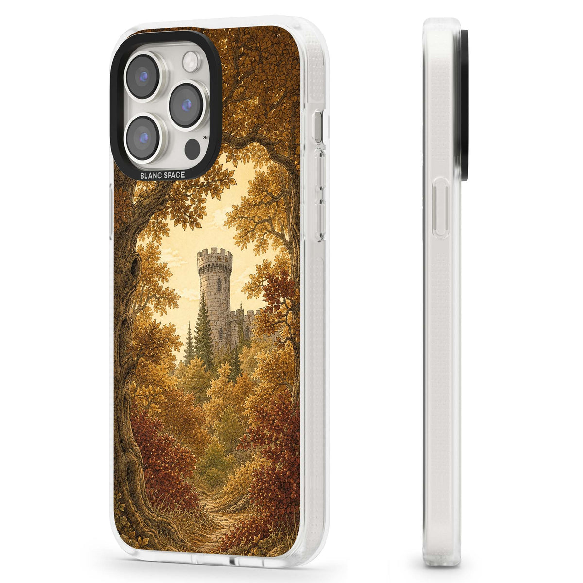 Autumn Keep cottagecore iPhone case featuring a medieval castle tower framed by golden autumn trees and woodland foliage | Clear Case Impact Air case for iPhone 15 Pro, iPhone 15 Pro Max