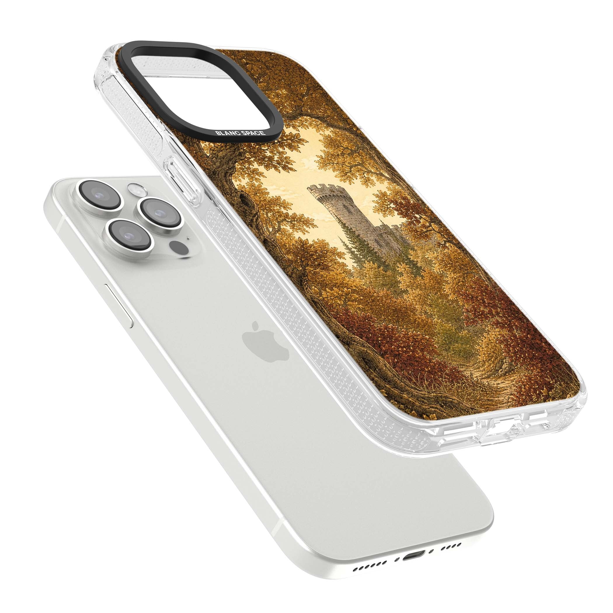 Autumn Keep cottagecore iPhone case featuring a medieval castle tower framed by golden autumn trees and woodland foliage | Clear Case Impact Air case for iPhone 15 Pro, iPhone 15 Pro Max