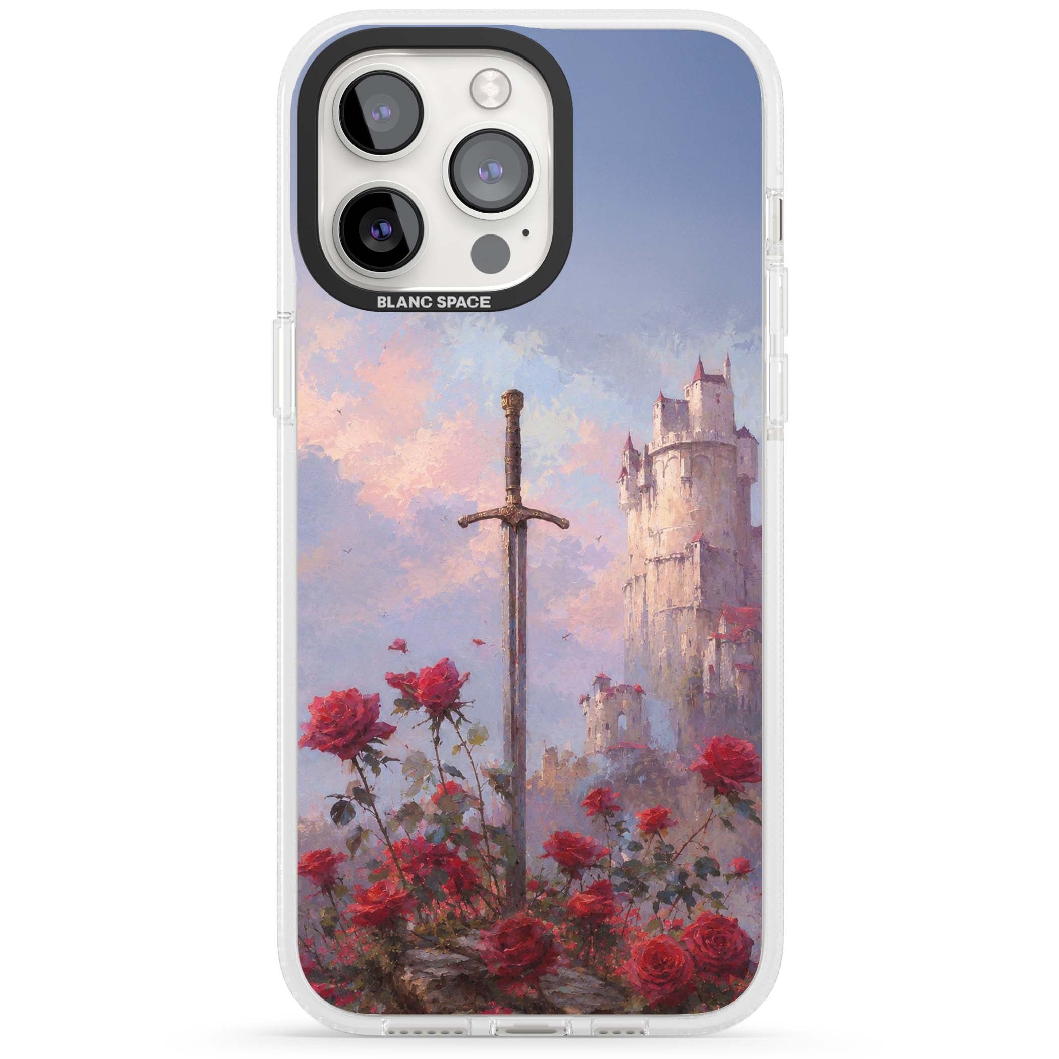 Sword in Roses medieval art iPhone case featuring a sword, red roses, and a misty fairytale castle at sunset | Clear Case Impact Air case for iPhone 15 Pro, iPhone 15 Pro Max