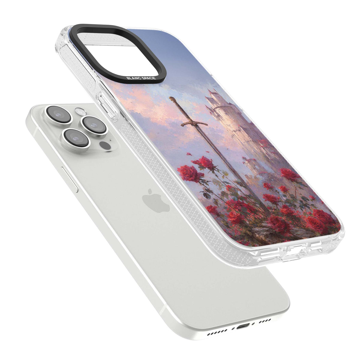 Sword in Roses medieval art iPhone case featuring a sword, red roses, and a misty fairytale castle at sunset | Clear Case Impact Air case for iPhone 15 Pro, iPhone 15 Pro Max