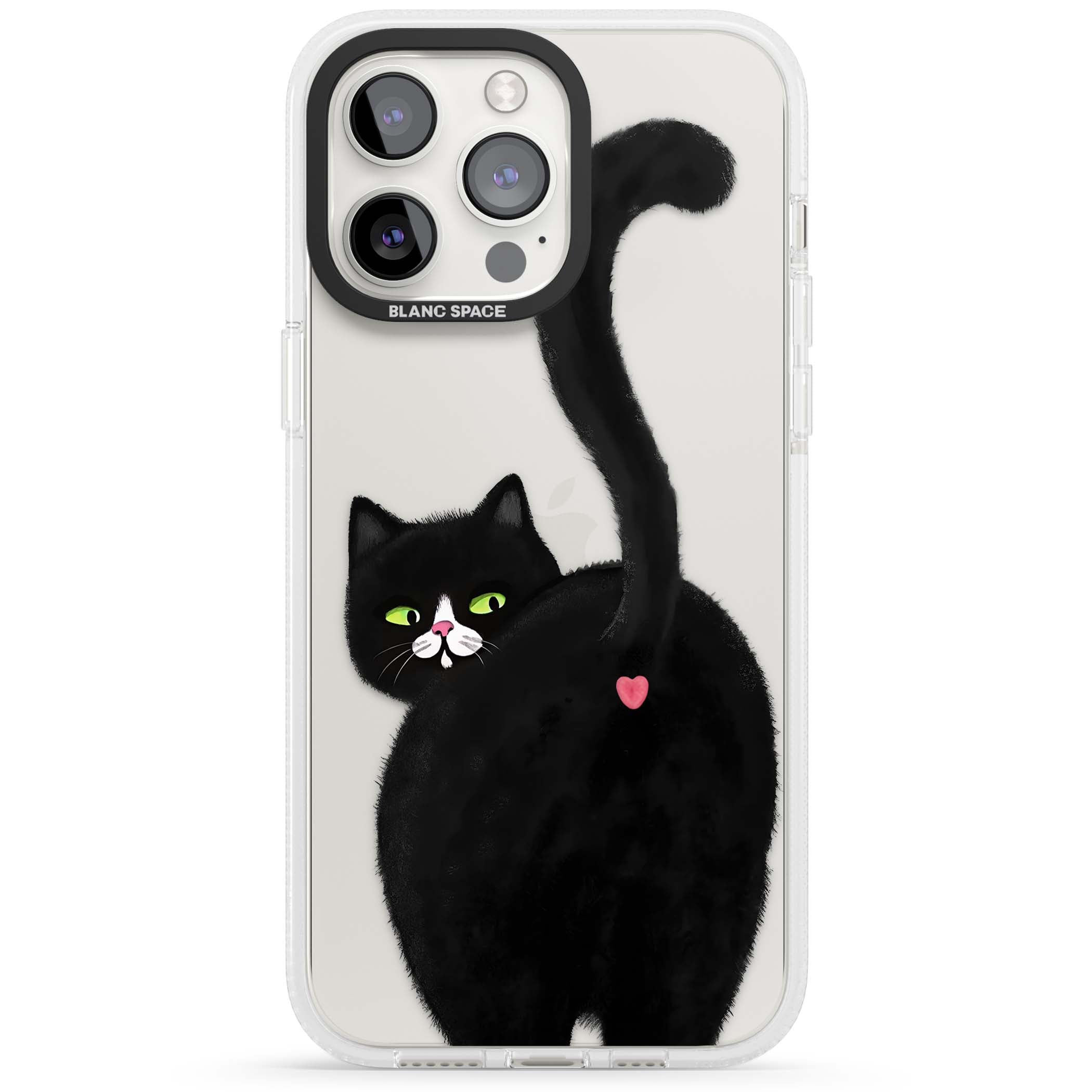 The Cat's Kiss cute cat iPhone case featuring a hand-painted tuxedo kitty with green eyes and a pink heart on a clear  | Clear Case Impact Air case for iPhone 15 Pro, iPhone 15 Pro Max