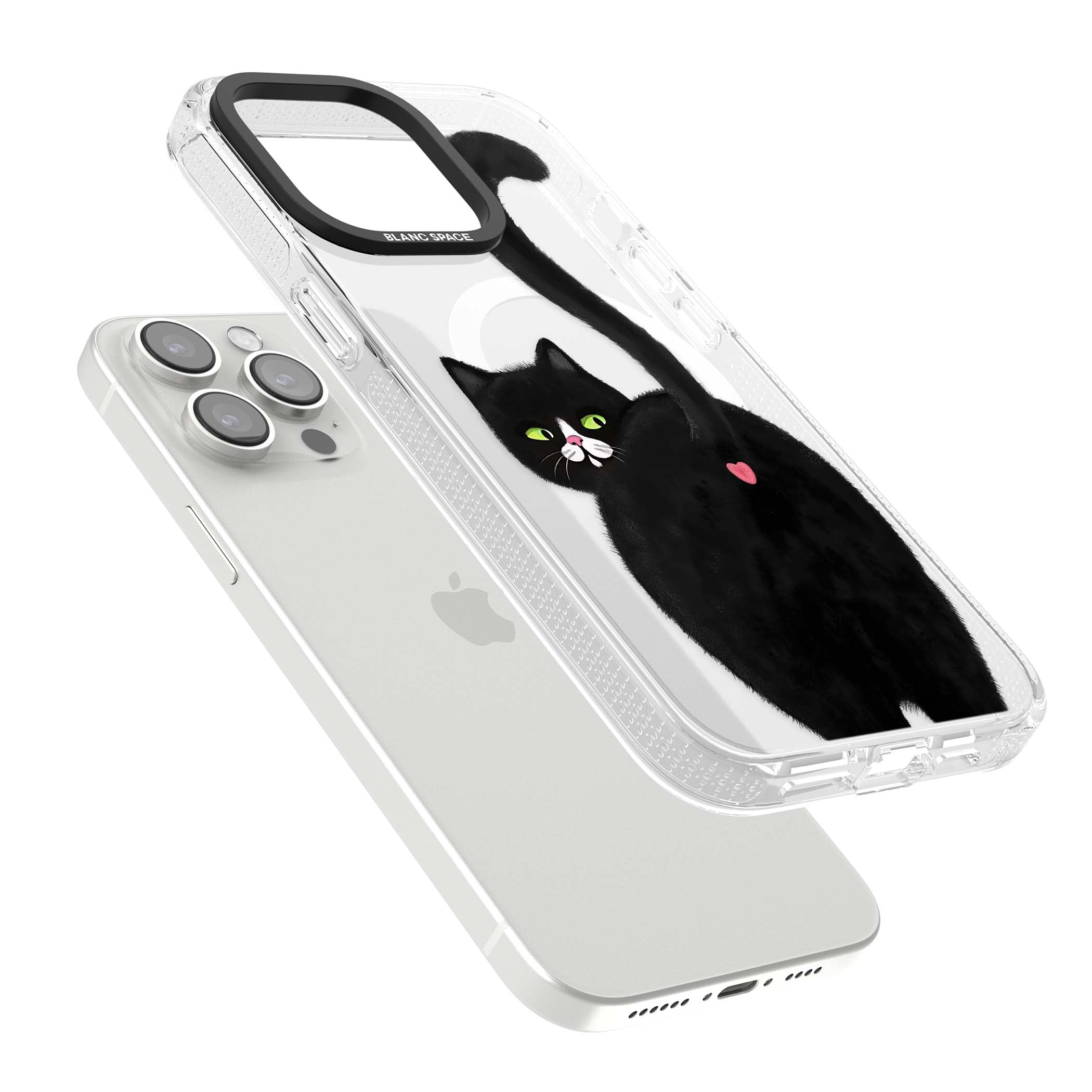 The Cat's Kiss cute cat iPhone case featuring a hand-painted tuxedo kitty with green eyes and a pink heart on a clear  | Clear Case Impact Air case for iPhone 15 Pro, iPhone 15 Pro Max