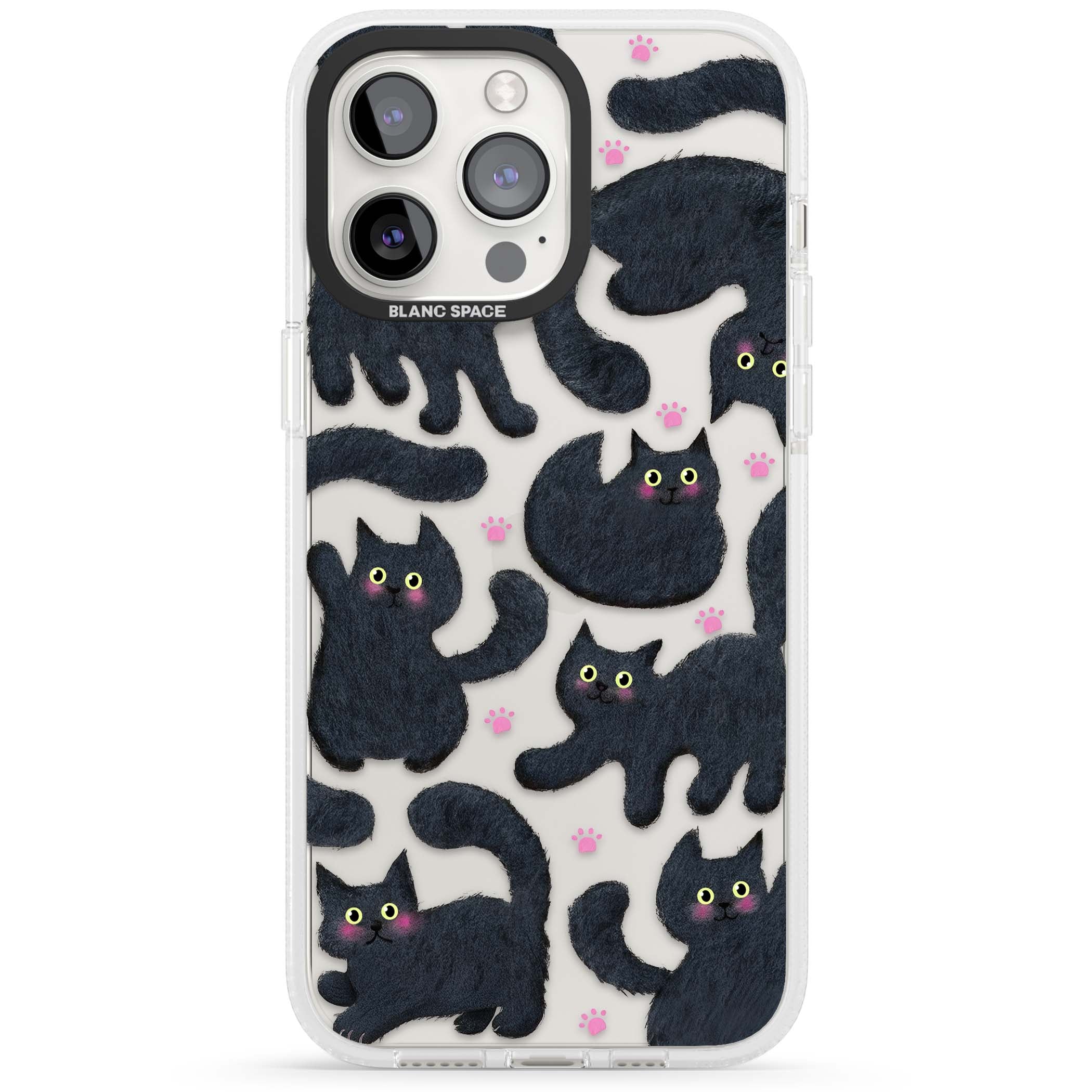 Midnight Cats cute iPhone case featuring black cat pattern with yellow eyes and pink paw prints | Clear Case Impact Air case for iPhone 15 Pro, iPhone 15 Pro Max