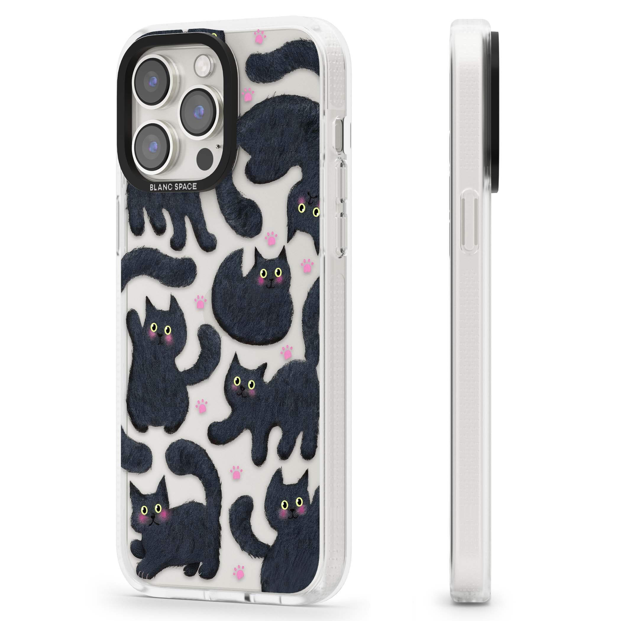 Midnight Cats cute iPhone case featuring black cat pattern with yellow eyes and pink paw prints | Clear Case Impact Air case for iPhone 15 Pro, iPhone 15 Pro Max