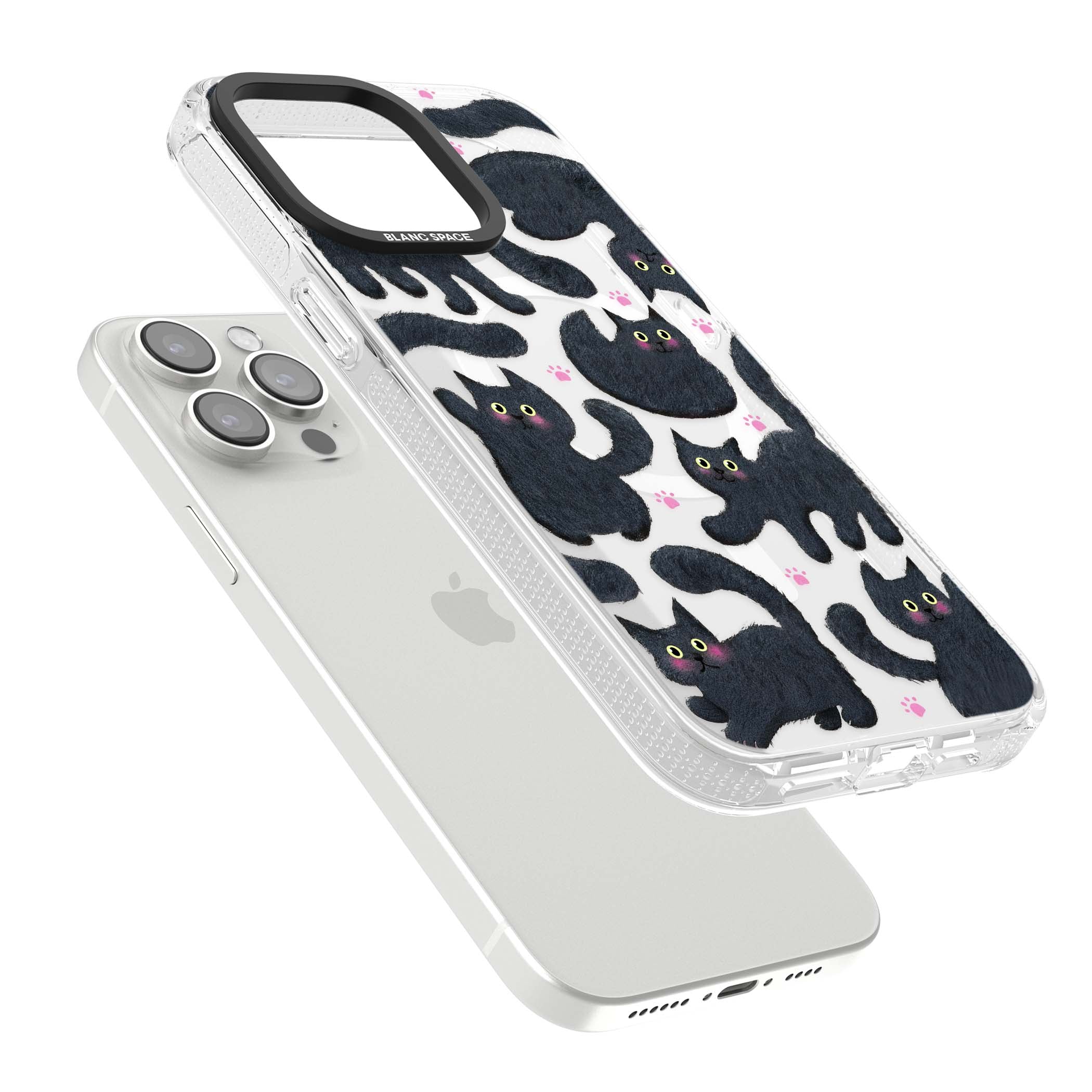 Midnight Cats cute iPhone case featuring black cat pattern with yellow eyes and pink paw prints | Clear Case Impact Air case for iPhone 15 Pro, iPhone 15 Pro Max