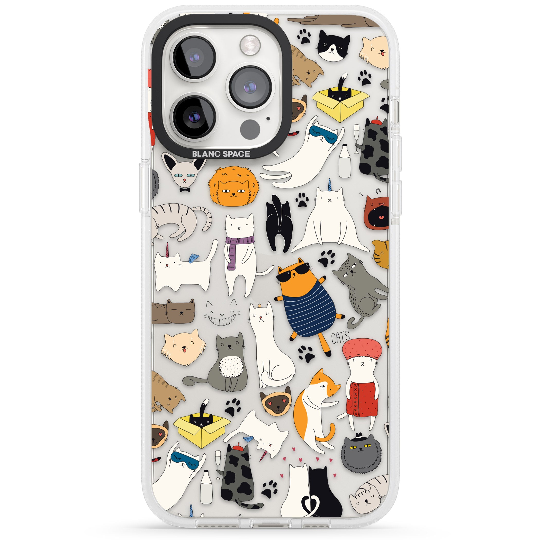 Cartoon Cat Collage iPhone 15 Pro Max / 15 Pro / 14 Pro Max / 14 Pro / 13 Pro Clear Case Impact Air - Blanc Space