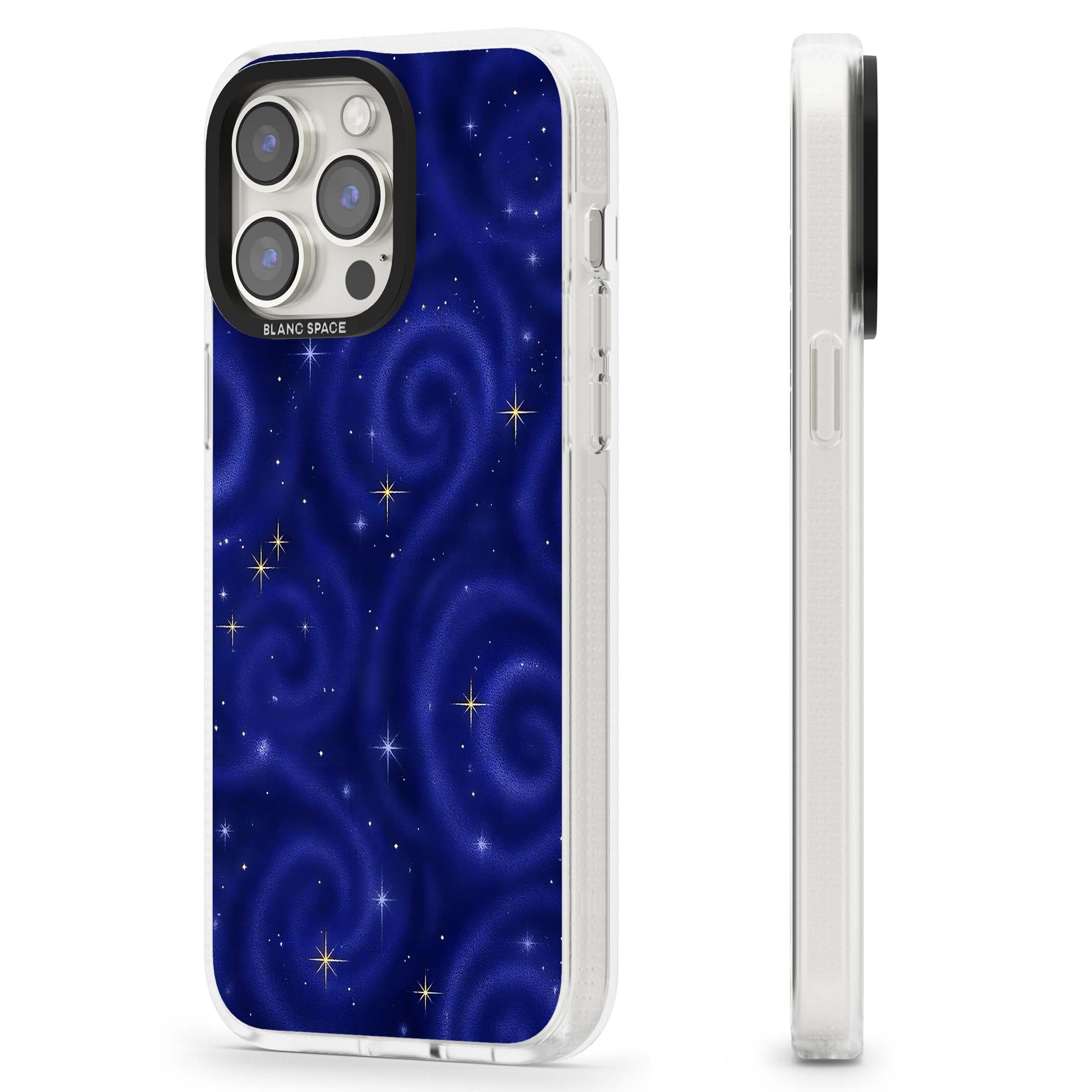 Indigo Cosmos celestial iPhone case featuring swirling navy night sky and sparkling golden stars | Clear Case Impact Air case for iPhone 15 Pro, iPhone 15 Pro Max