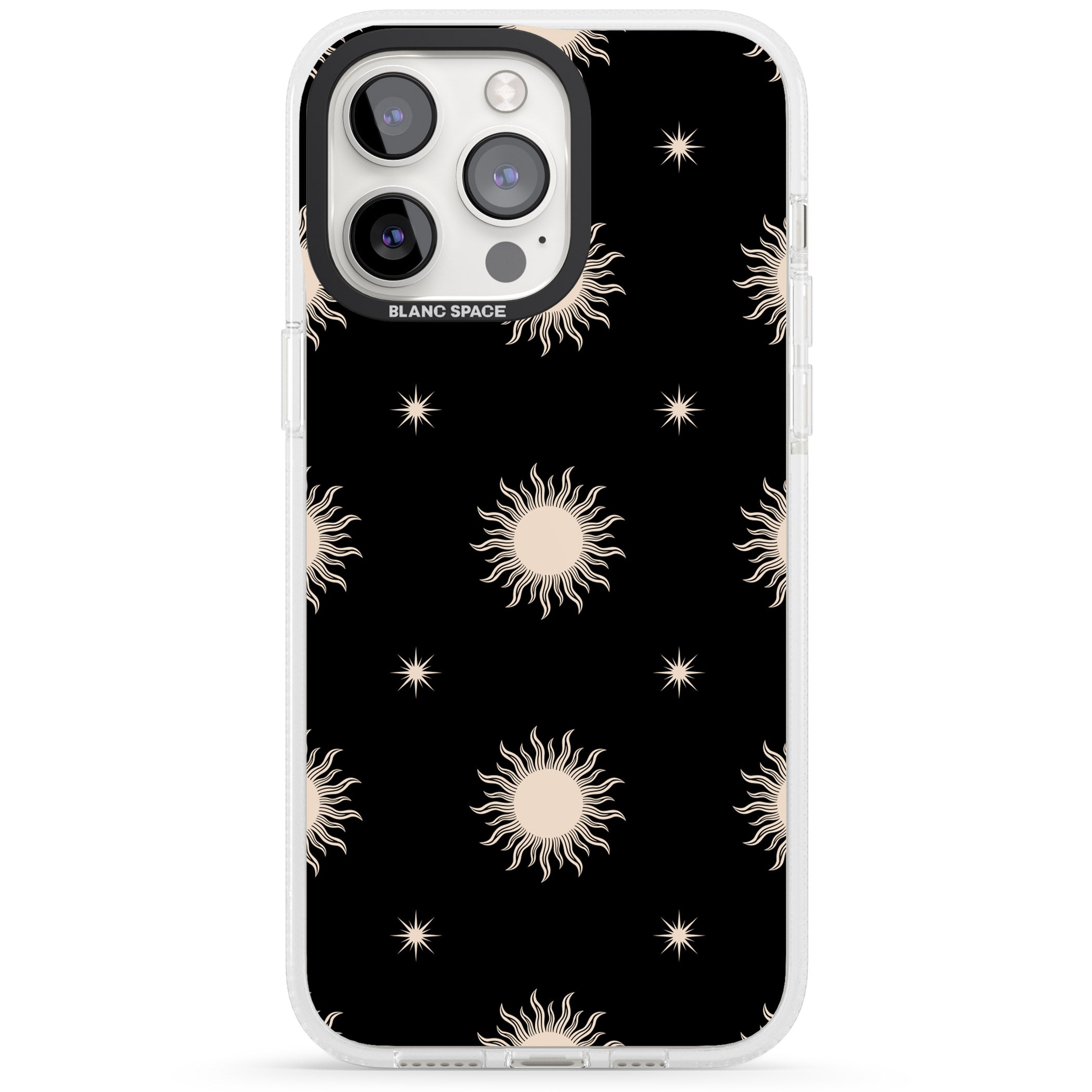 Celestial Patterns Classic Suns (Black) iPhone 15 Pro Max / 15 Pro / 14 Pro Max / 14 Pro / 13 Pro Clear Case Impact Air - Blanc Space
