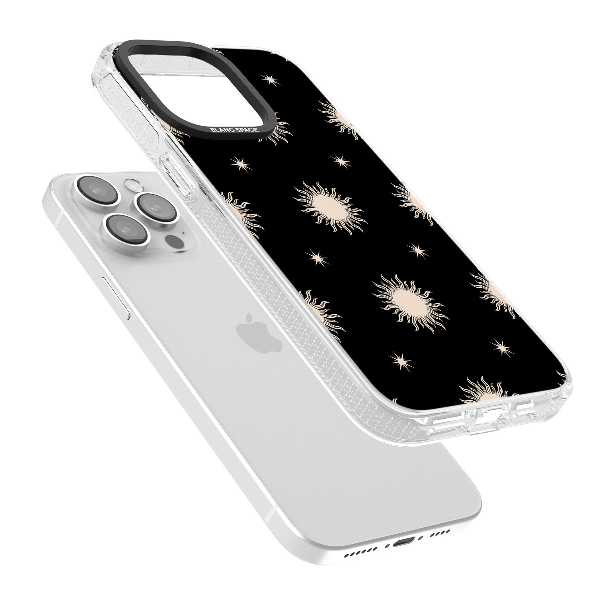 Celestial Patterns Classic Suns (Black) iPhone 15 Pro Max / 15 Pro / 14 Pro Max / 14 Pro / 13 Pro Clear Case Impact Air - Blanc Space
