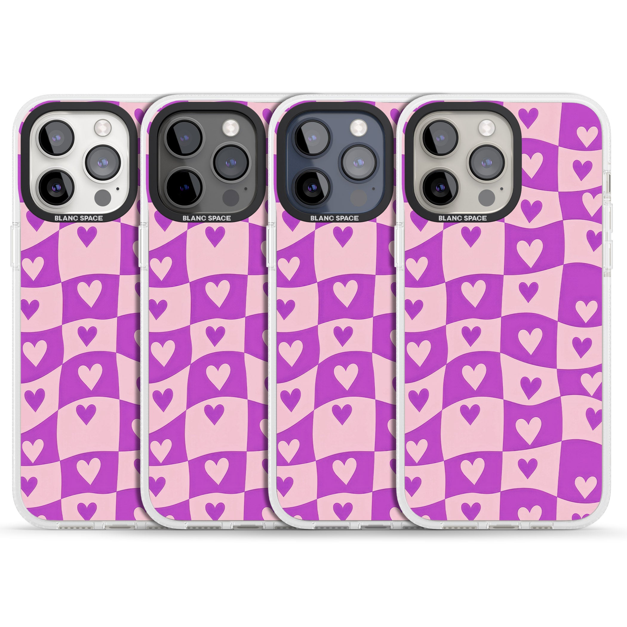 Purple Wavy Checked & Hearts iPhone 15 Pro Max / 15 Pro / 14 Pro Max / 14 Pro / 13 Pro Clear Case Impact Air - Blanc Space