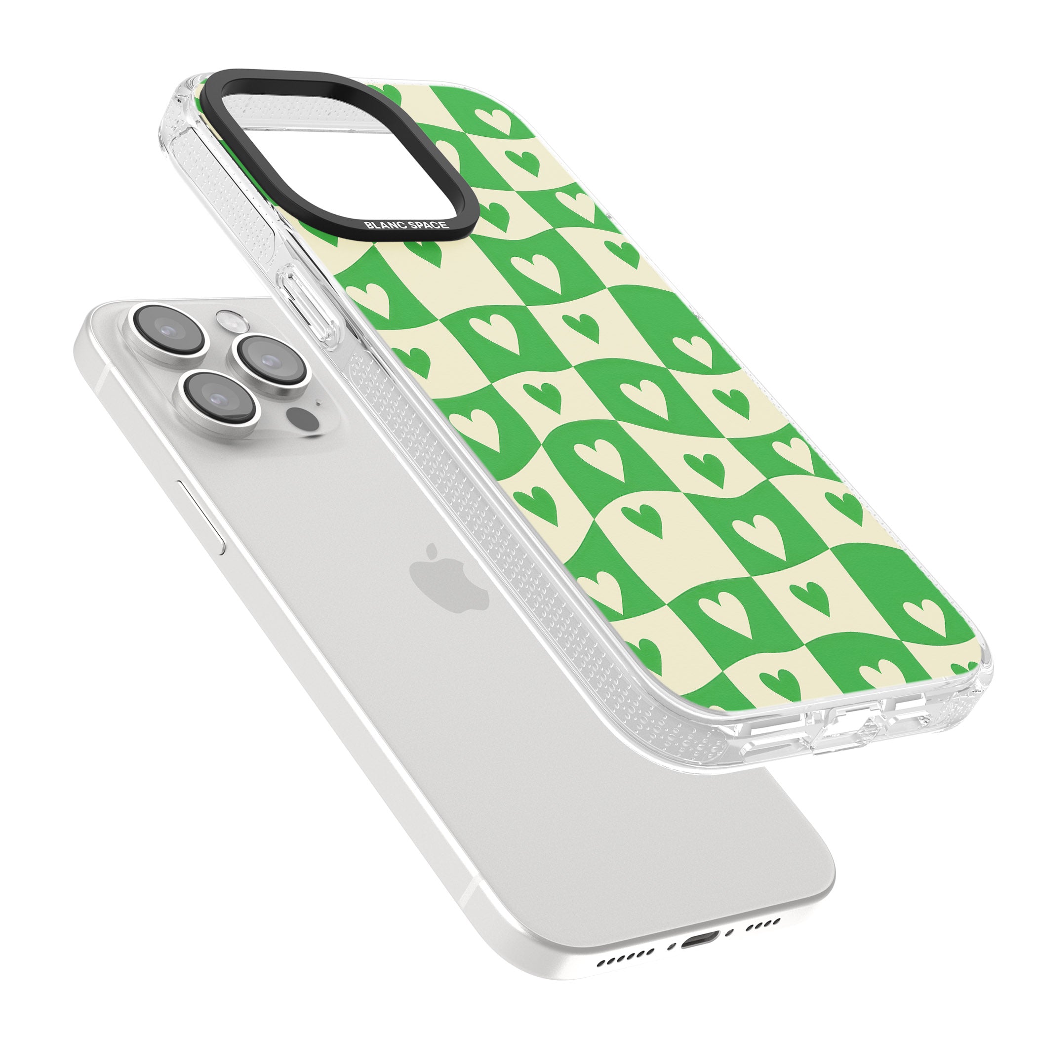 Green Wavy Checked & Hearts iPhone 15 Pro Max / 15 Pro / 14 Pro Max / 14 Pro / 13 Pro Clear Case Impact Air - Blanc Space