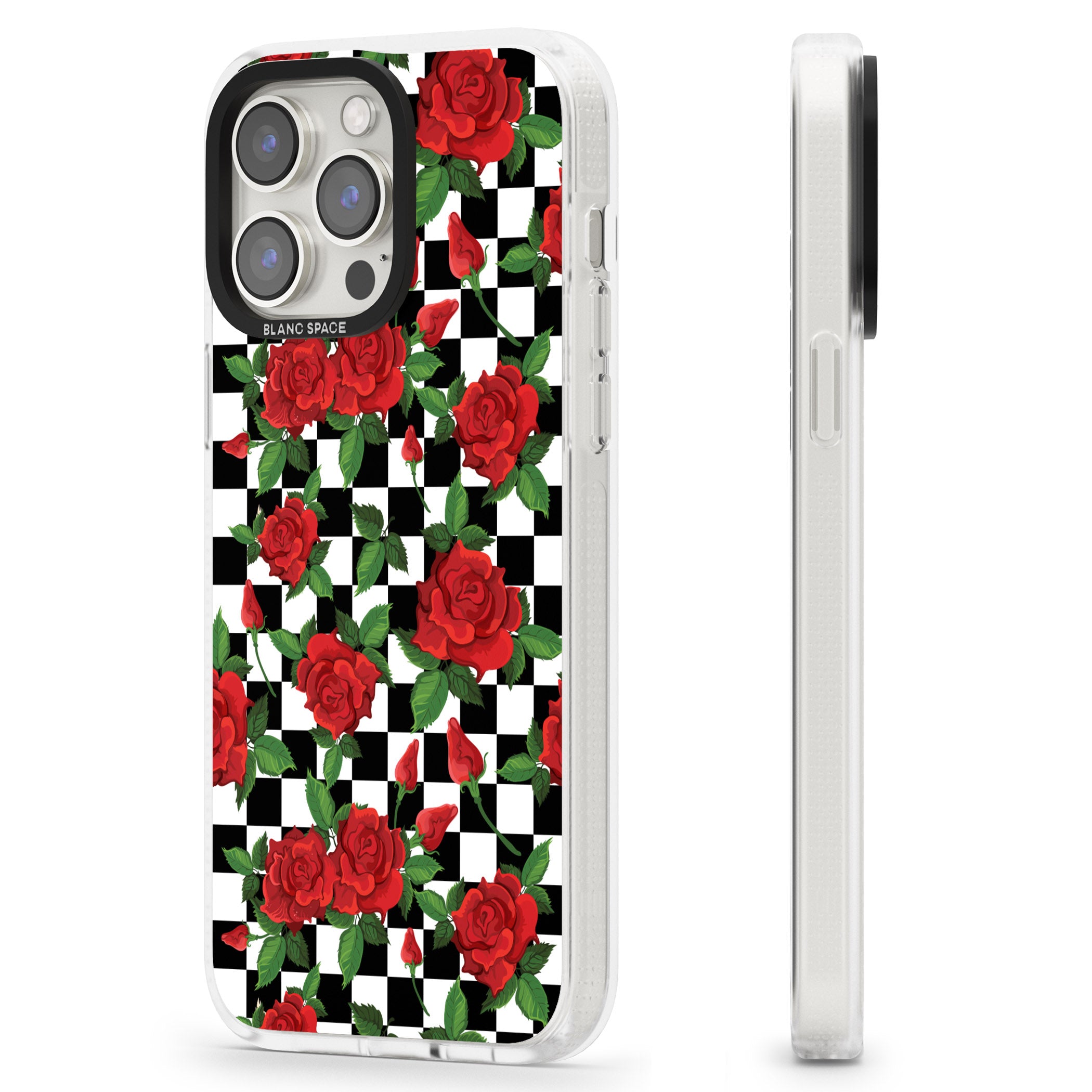 Checkered Pattern & Red Roses iPhone 15 Pro Max / 15 Pro / 14 Pro Max / 14 Pro / 13 Pro Clear Case Impact Air - Blanc Space