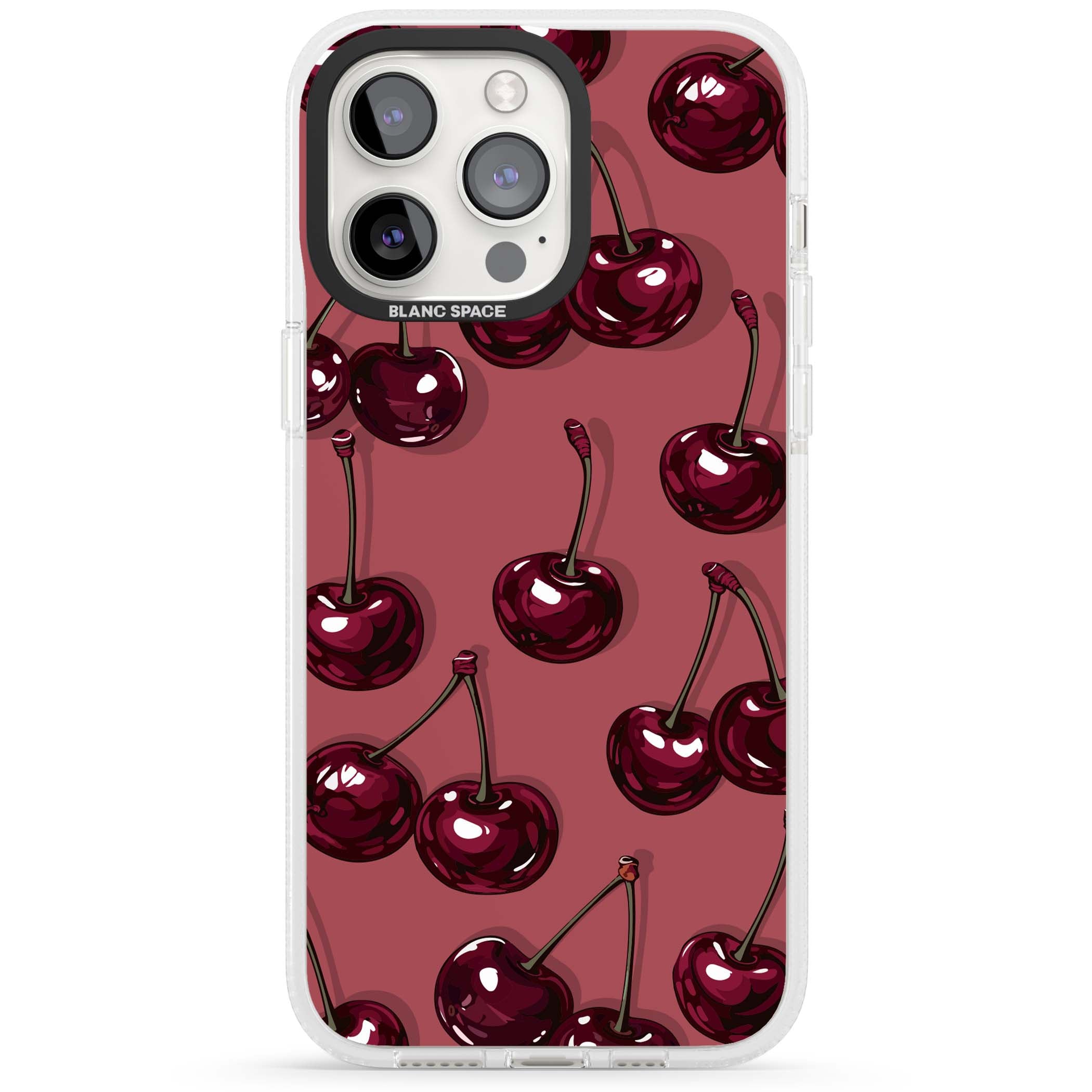Cherry Rebel coquette iPhone case featuring glossy burgundy cherries on a dusty rose background | Clear Case Impact Air case for iPhone 15 Pro, iPhone 15 Pro Max