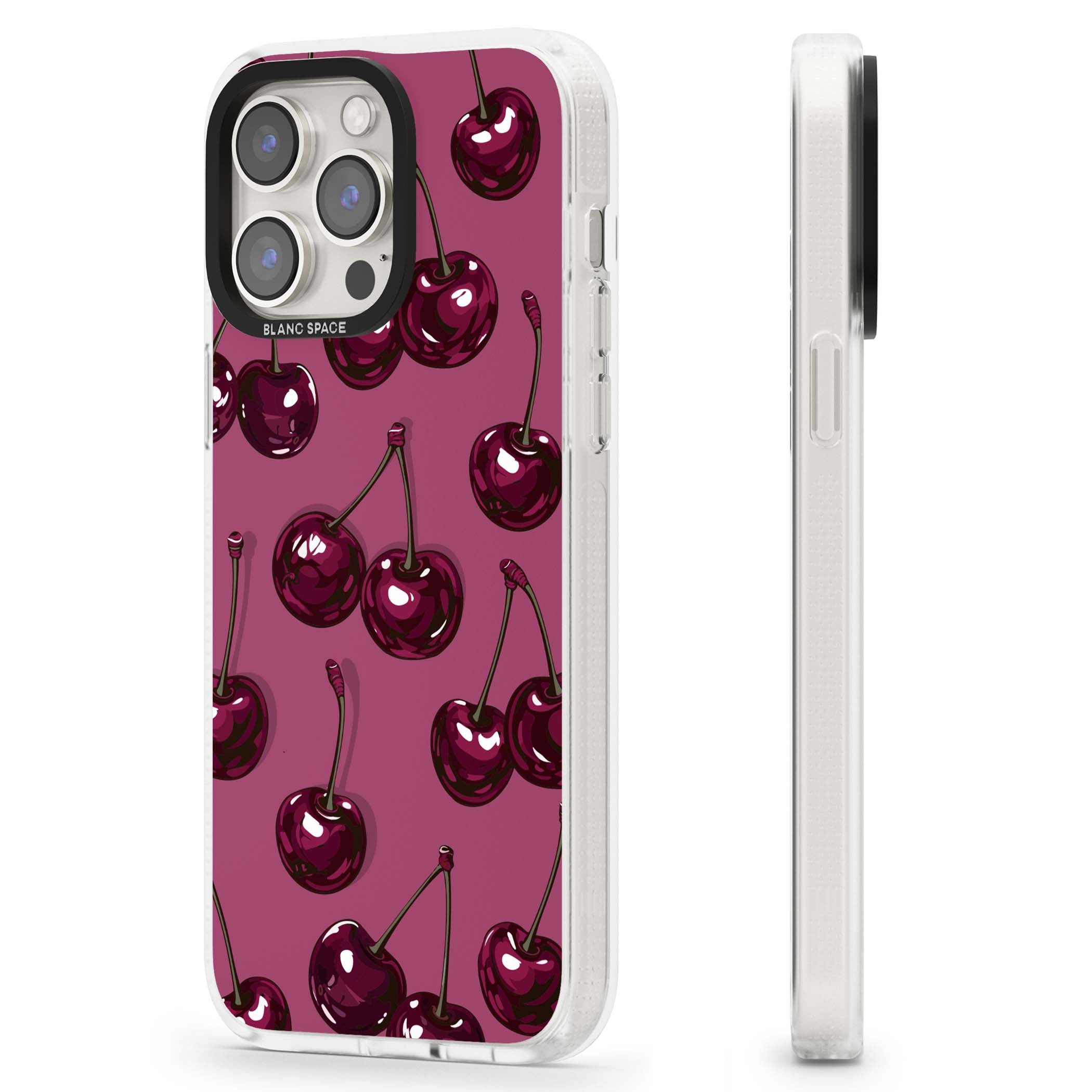 Cherry Soda coquette iPhone case featuring glossy burgundy cherries on a dusty pink background | Clear Case Impact Air case for iPhone 15 Pro, iPhone 15 Pro Max