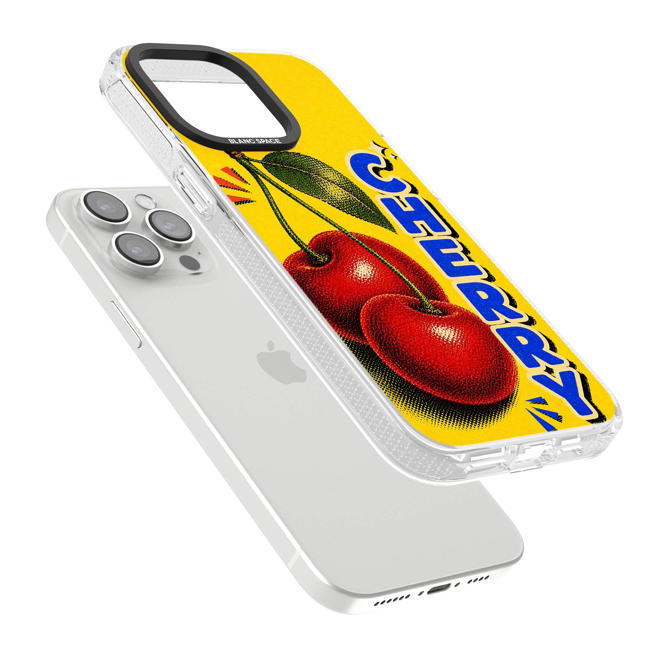 Cherry Yellow y2k iPhone case featuring two red cherries, halftone shading and bold blue CHERRY lettering on yellow | Clear Case Impact Air case for iPhone 15 Pro, iPhone 15 Pro Max