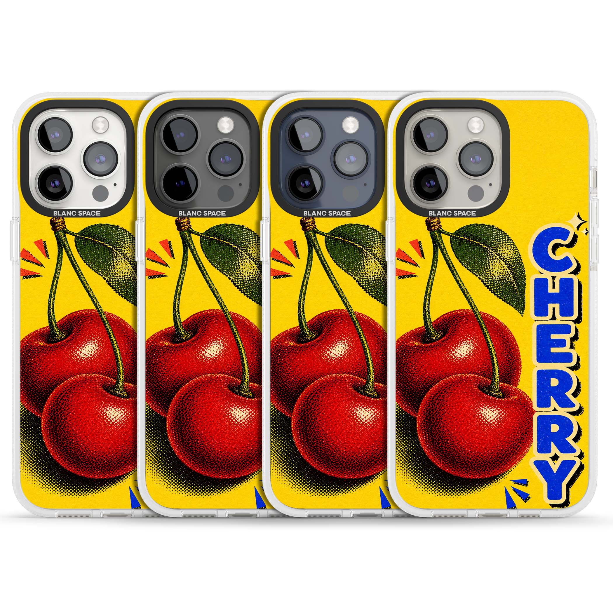 Cherry Yellow y2k iPhone case featuring two red cherries, halftone shading and bold blue CHERRY lettering on yellow | Clear Case Impact Air case for iPhone 15 Pro, iPhone 15 Pro Max