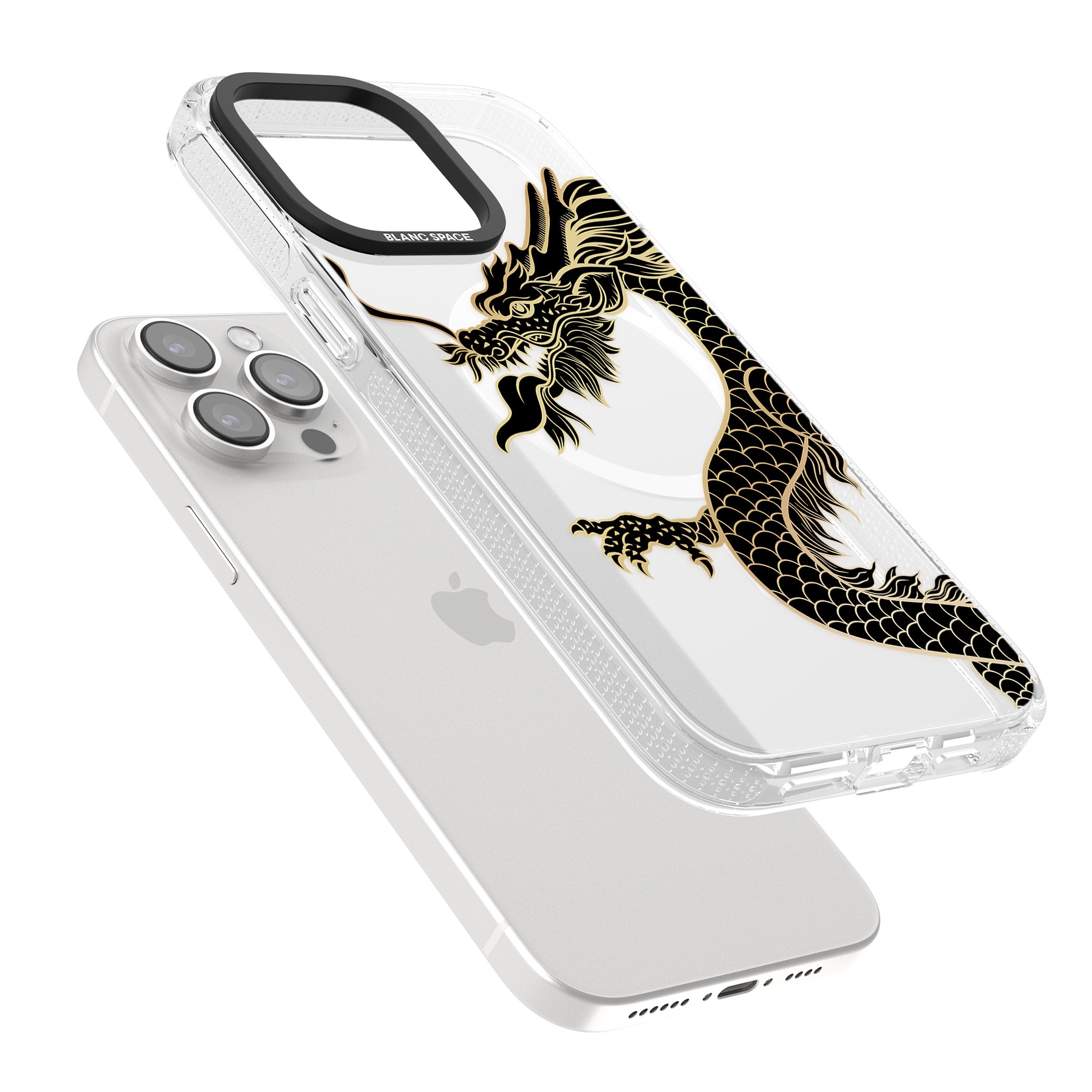 Large Black Dragon iPhone 15 Pro Max / 15 Pro / 14 Pro Max / 14 Pro / 13 Pro Clear Case Impact Air - Blanc Space