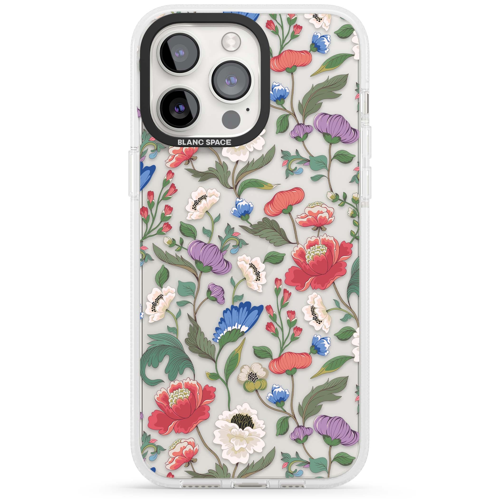Chinoiserie Bloom vintage floral iPhone case featuring hand-painted peonies, poppies and trailing wildflowers on clear... | Clear Case Impact Air case for iPhone 15 Pro, iPhone 15 Pro Max