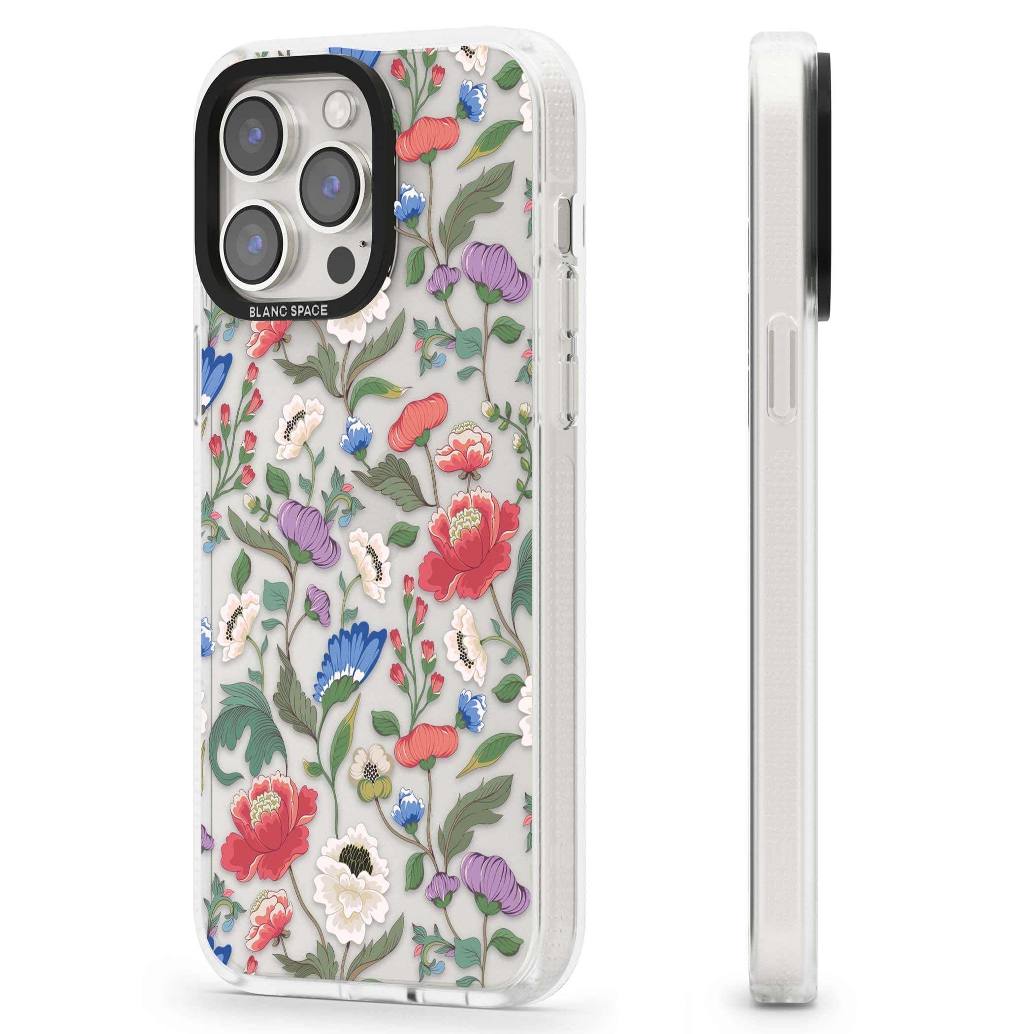 Chinoiserie Bloom vintage floral iPhone case featuring hand-painted peonies, poppies and trailing wildflowers on clear... | Clear Case Impact Air case for iPhone 15 Pro, iPhone 15 Pro Max