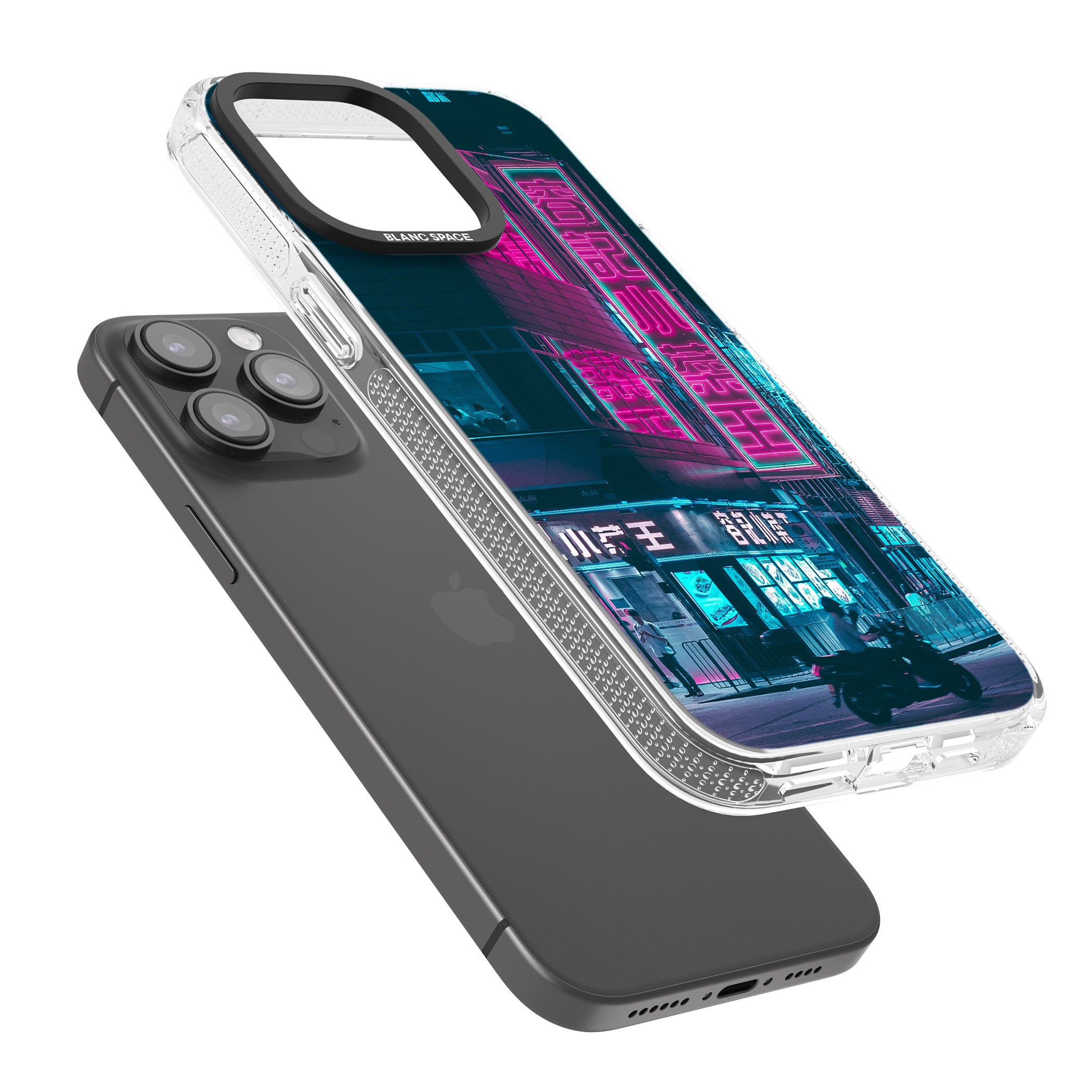 Motorcylist & Signs - Neon Cities Photographs iPhone 15 Pro Max / 15 Pro / 14 Pro Max / 14 Pro / 13 Pro Clear Case Impact Air - Blanc Space