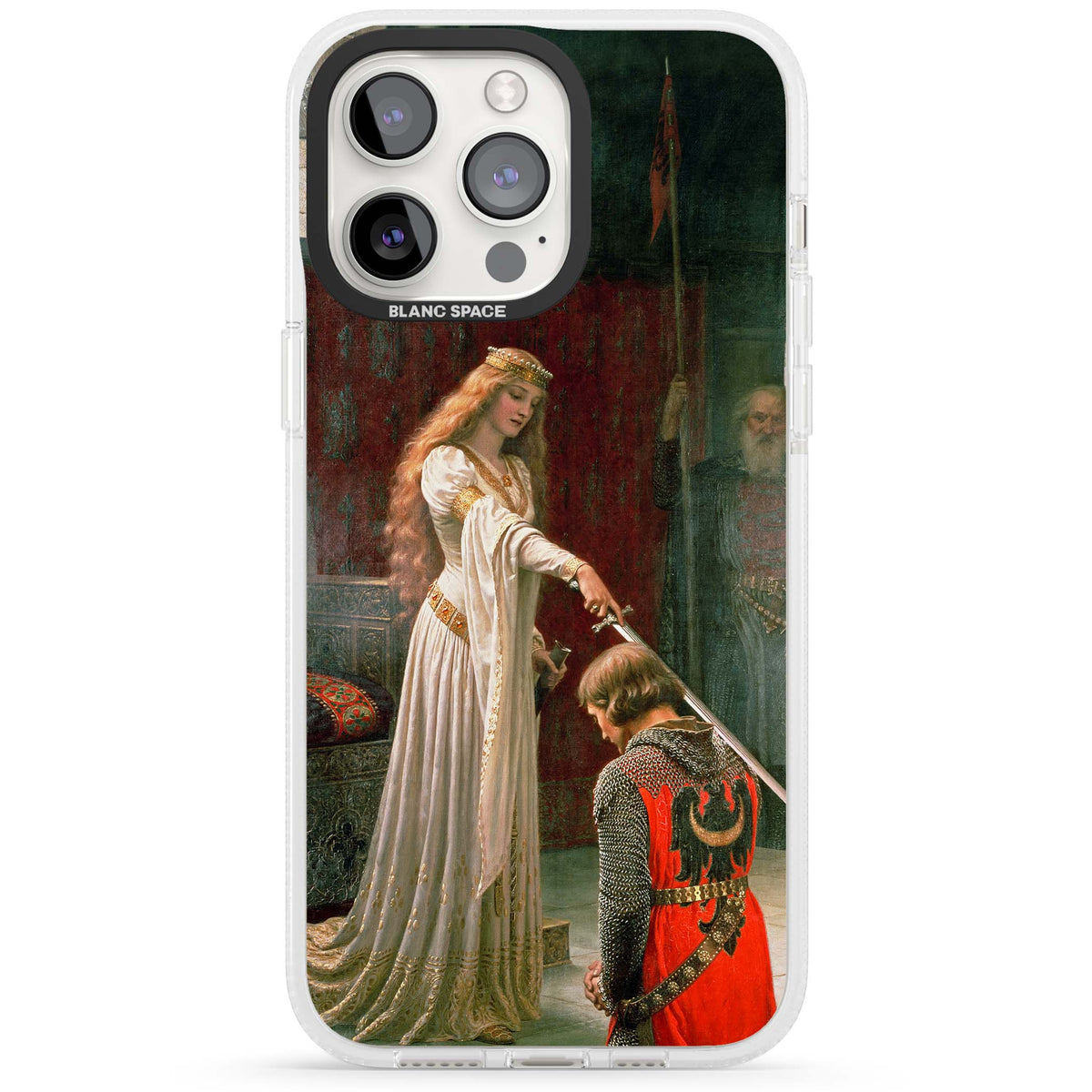The Accolade renaissance art iPhone case featuring Edmund Blair Leighton's painting of a queen knighting a kneeling knight | Clear Case Impact Air case for iPhone 15 Pro, iPhone 15 Pro Max