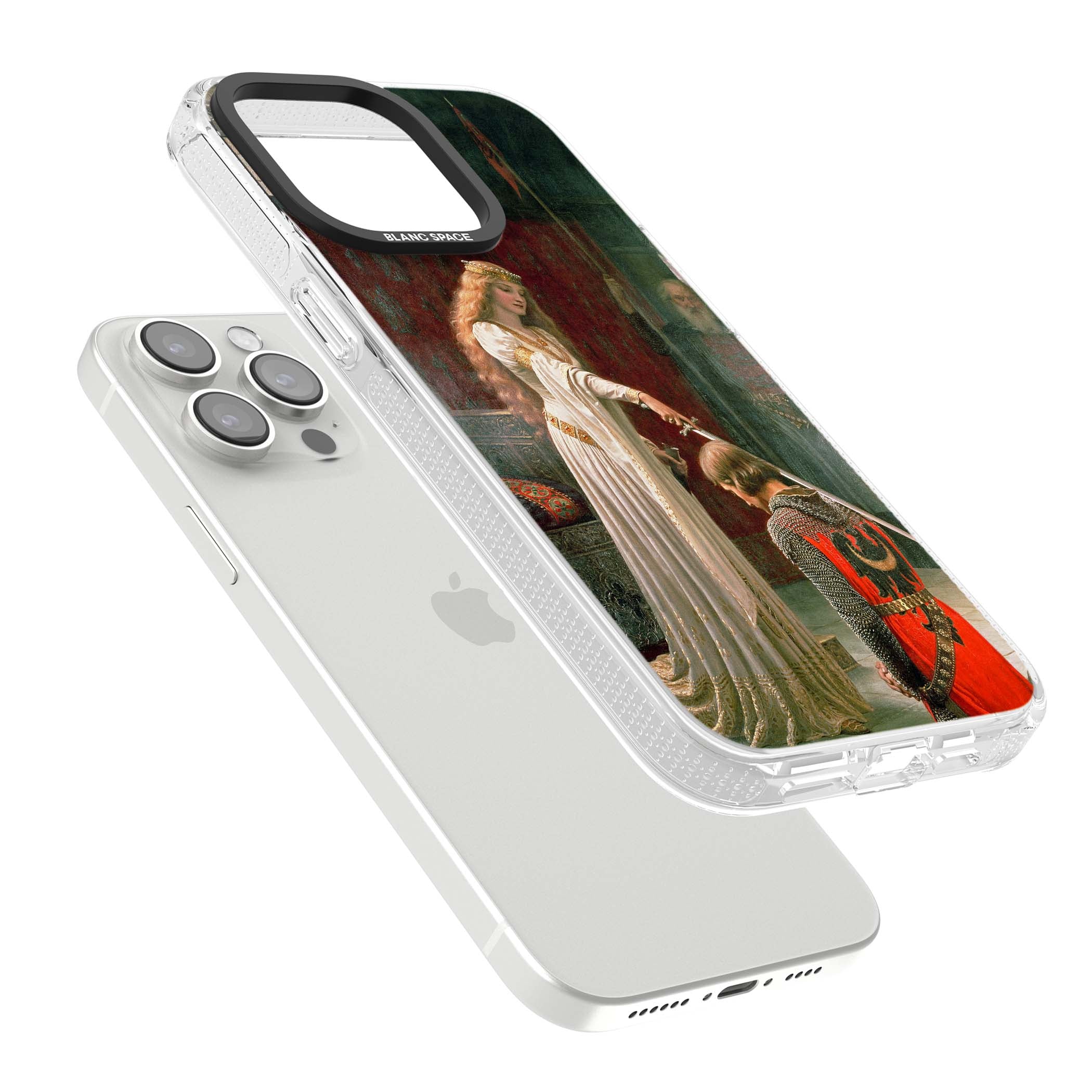 The Accolade renaissance art iPhone case featuring Edmund Blair Leighton's painting of a queen knighting a kneeling knight | Clear Case Impact Air case for iPhone 15 Pro, iPhone 15 Pro Max