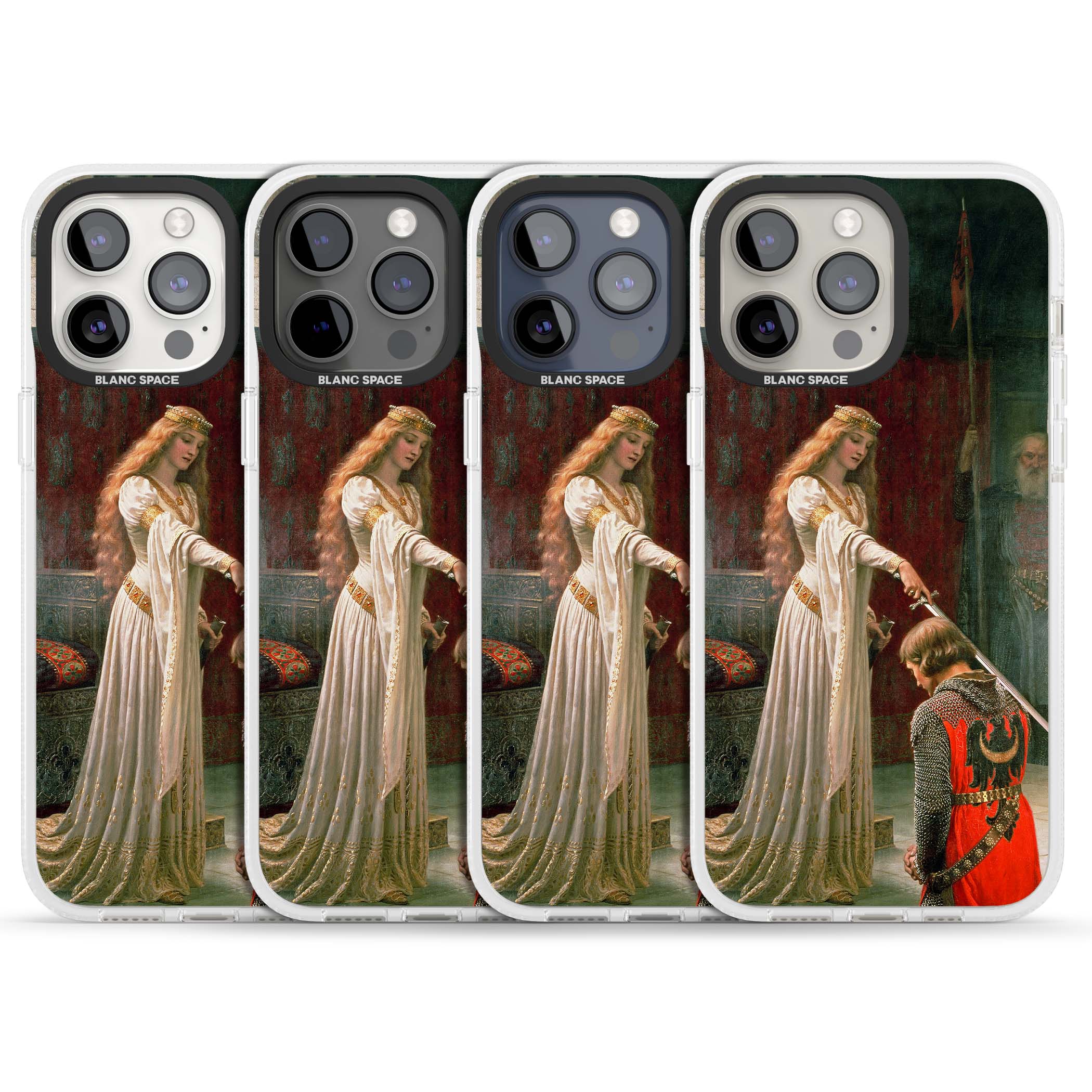 The Accolade renaissance art iPhone case featuring Edmund Blair Leighton's painting of a queen knighting a kneeling knight | Clear Case Impact Air case for iPhone 15 Pro, iPhone 15 Pro Max