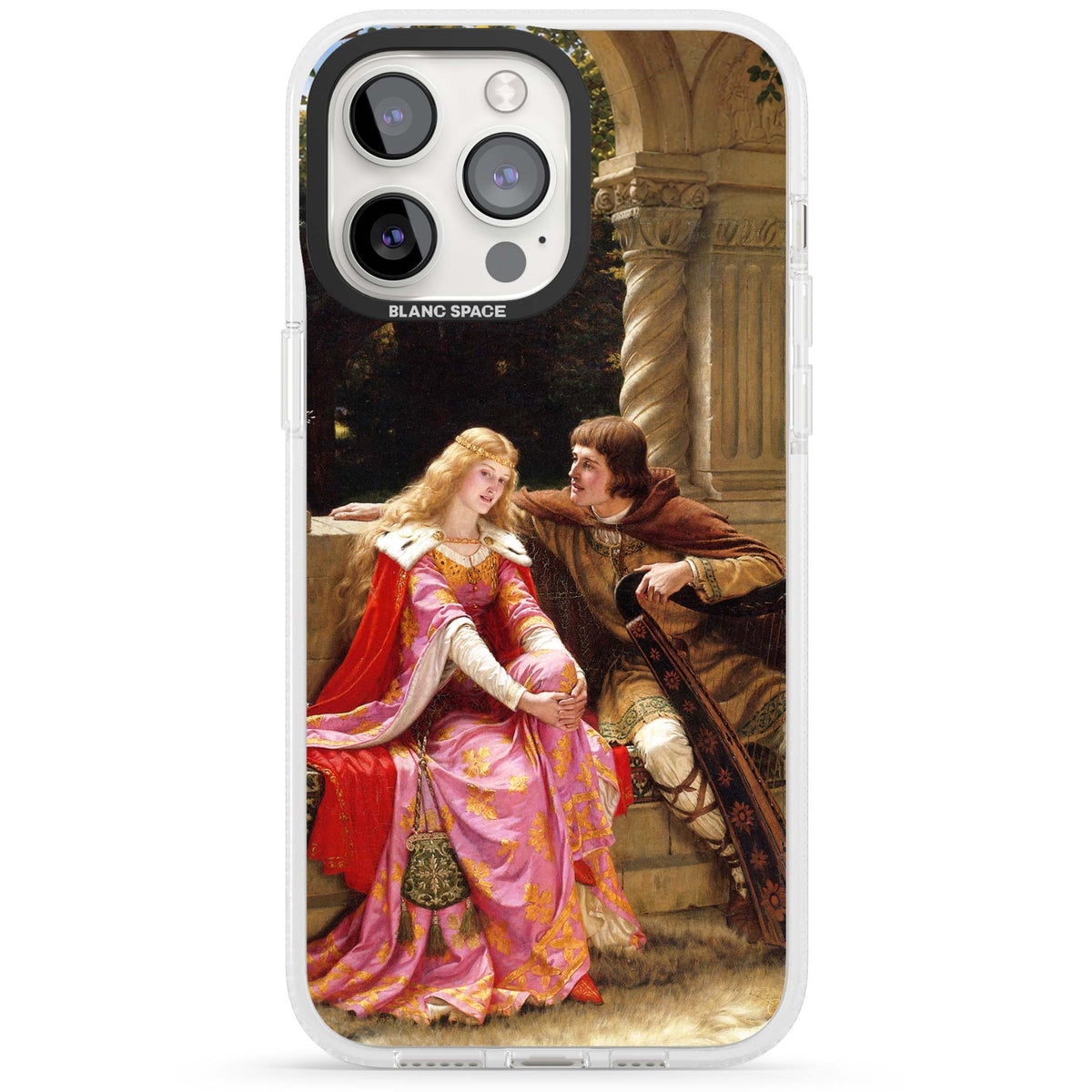The End of the Song classic art iPhone case featuring a medieval lady in pink gown and her knight in a stone archway | Clear Case Impact Air case for iPhone 15 Pro, iPhone 15 Pro Max