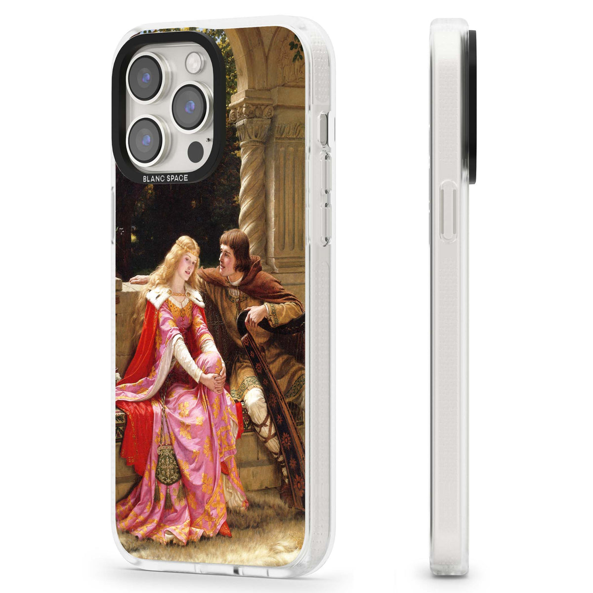 The End of the Song classic art iPhone case featuring a medieval lady in pink gown and her knight in a stone archway | Clear Case Impact Air case for iPhone 15 Pro, iPhone 15 Pro Max