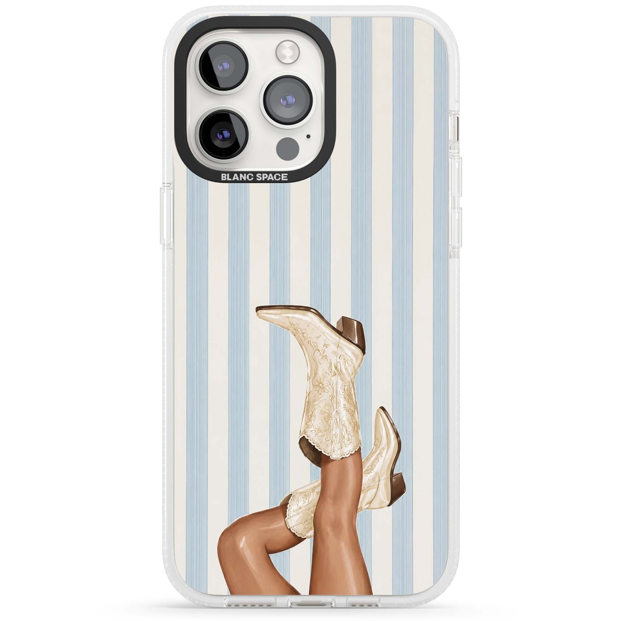 Cowgirl Boots coastal cowgirl iPhone case featuring embroidered western boots, tanned legs and a blue stripe backdrop | Clear Case Impact Air case for iPhone 15 Pro, iPhone 15 Pro Max