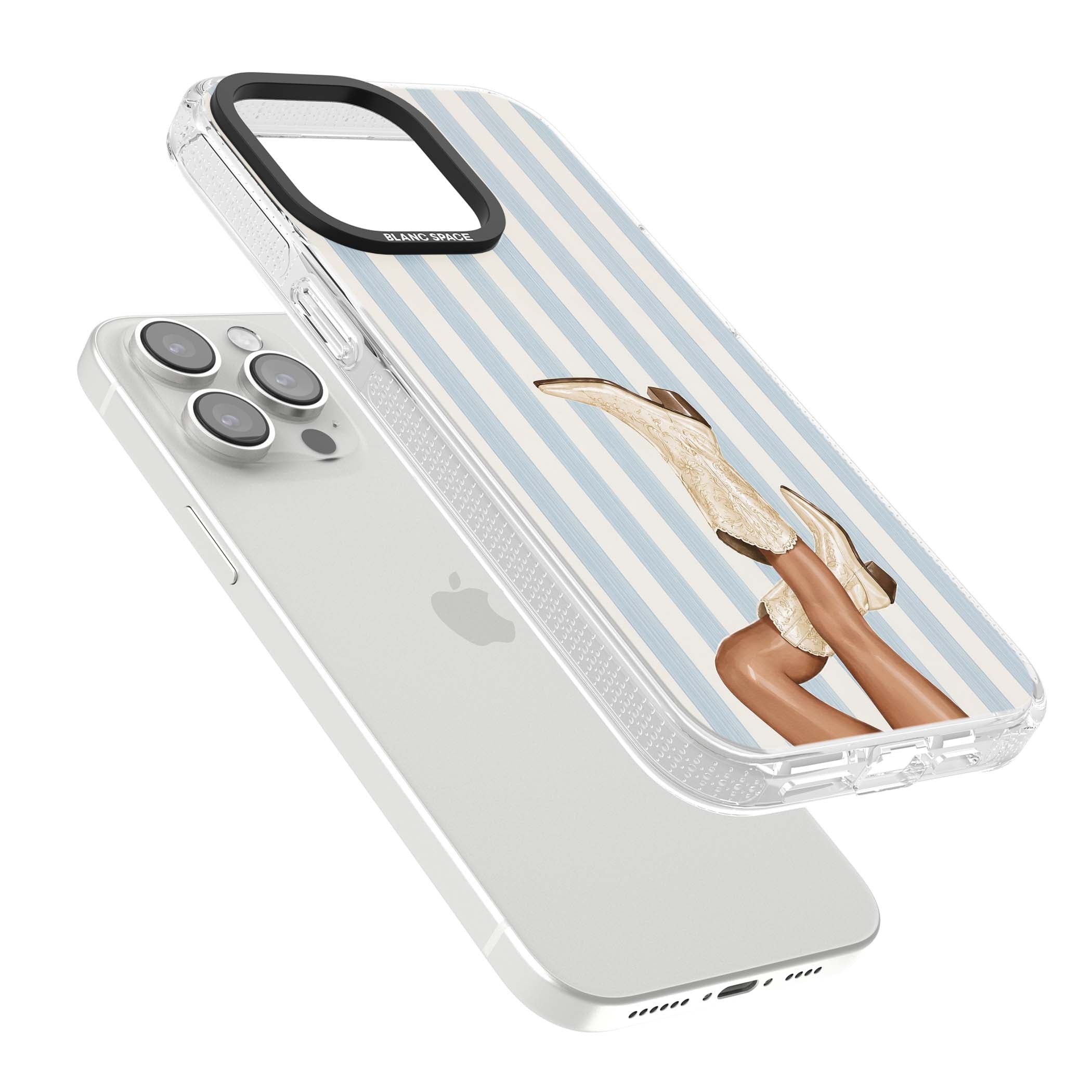 Cowgirl Boots coastal cowgirl iPhone case featuring embroidered western boots, tanned legs and a blue stripe backdrop | Clear Case Impact Air case for iPhone 15 Pro, iPhone 15 Pro Max