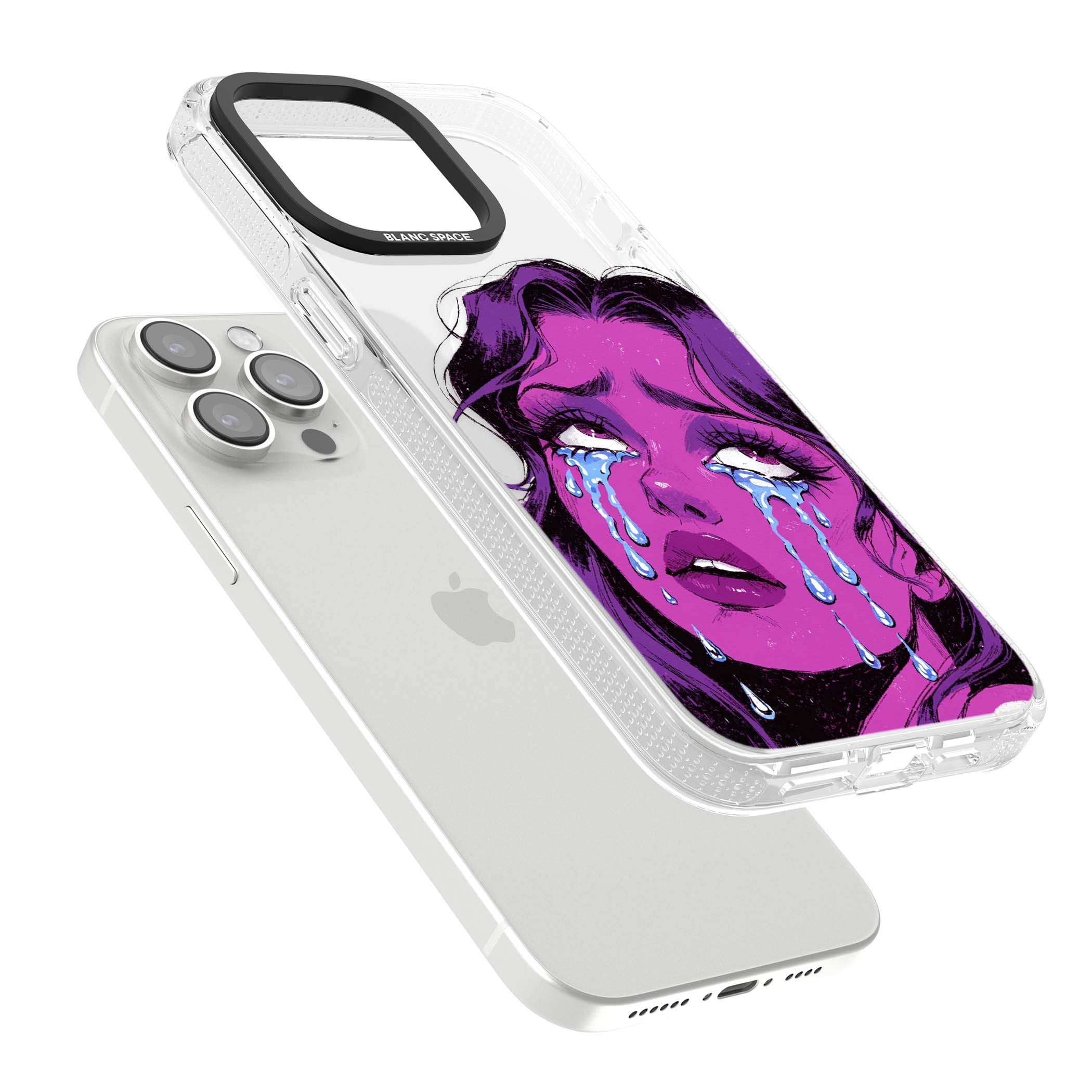 Drama Queen pop art iPhone case featuring a purple crying comic girl with blue tears | Clear Case Impact Air case for iPhone 15 Pro, iPhone 15 Pro Max