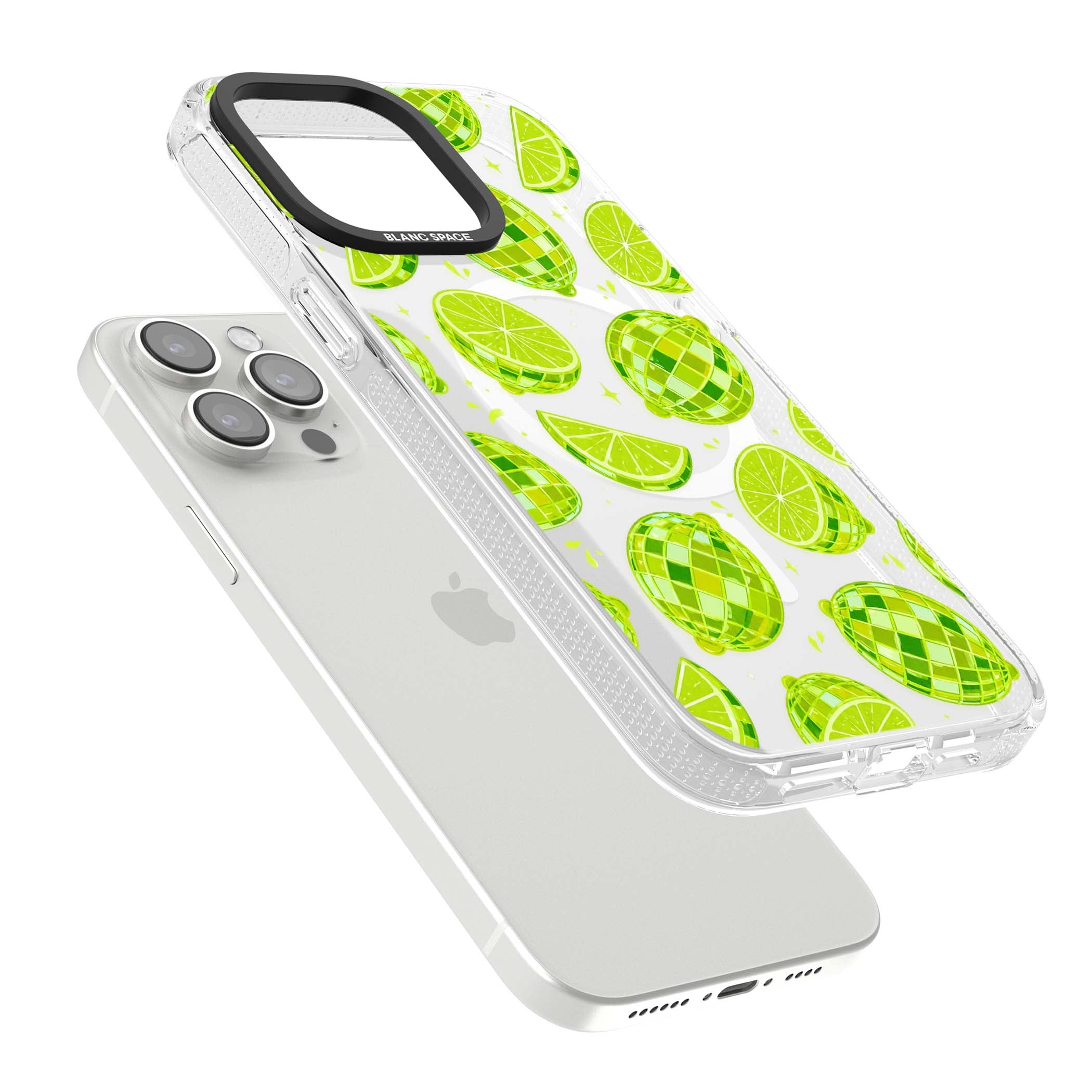 Disco Limes fruit aesthetic iPhone case featuring green disco balls, lime slices and citrus sparkles | Clear Case Impact Air case for iPhone 15 Pro, iPhone 15 Pro Max
