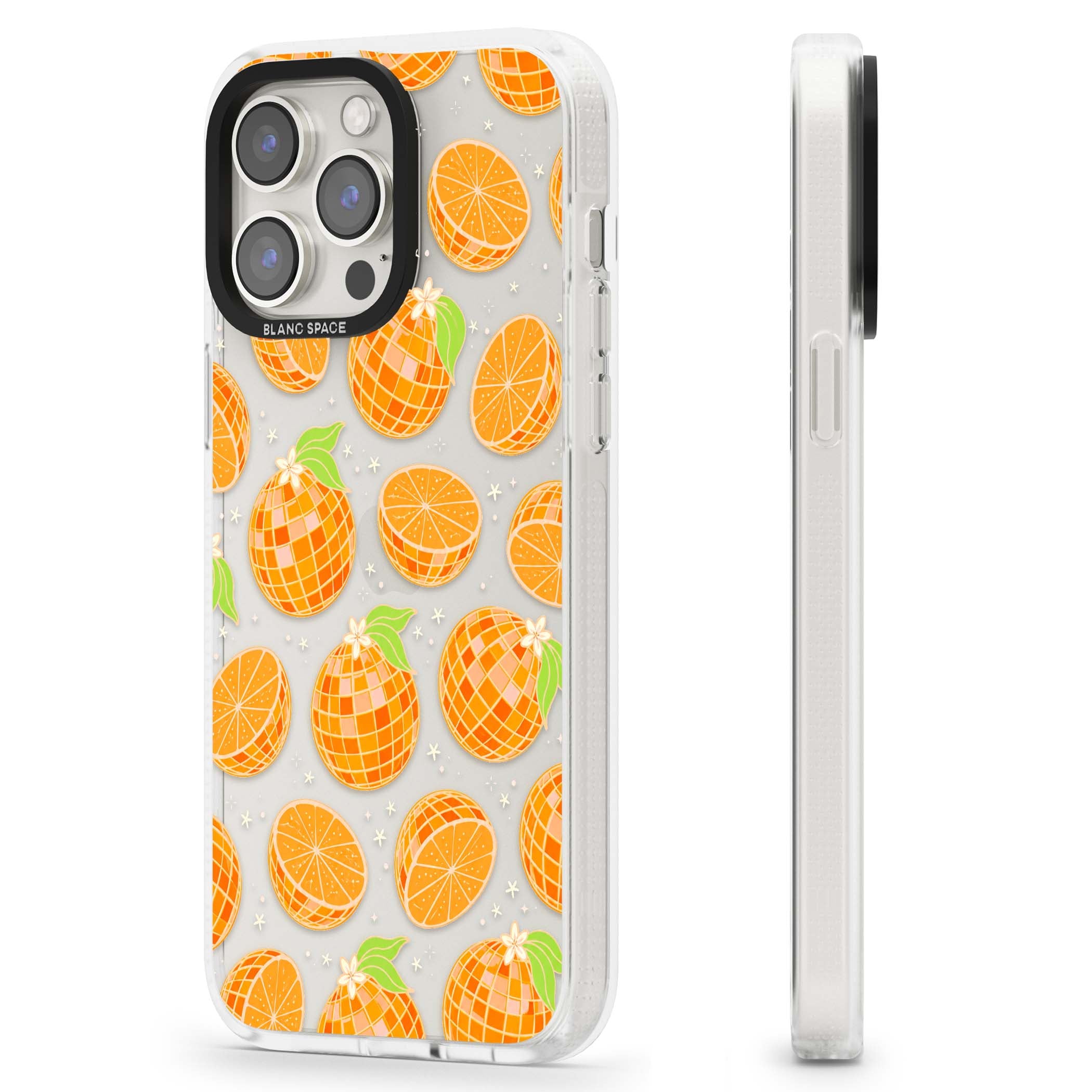 Disco Oranges retro iPhone case featuring mirrorball oranges, citrus slices and tiny blossoms on clear | Clear Case Impact Air case for iPhone 15 Pro, iPhone 15 Pro Max