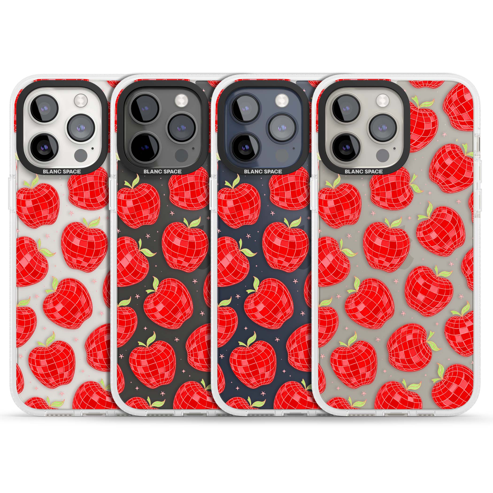 Disco Apples Y2K iPhone case featuring red disco ball apples, green leaves and pink sparkles on clear | Clear Case Impact Air case for iPhone 15 Pro, iPhone 15 Pro Max