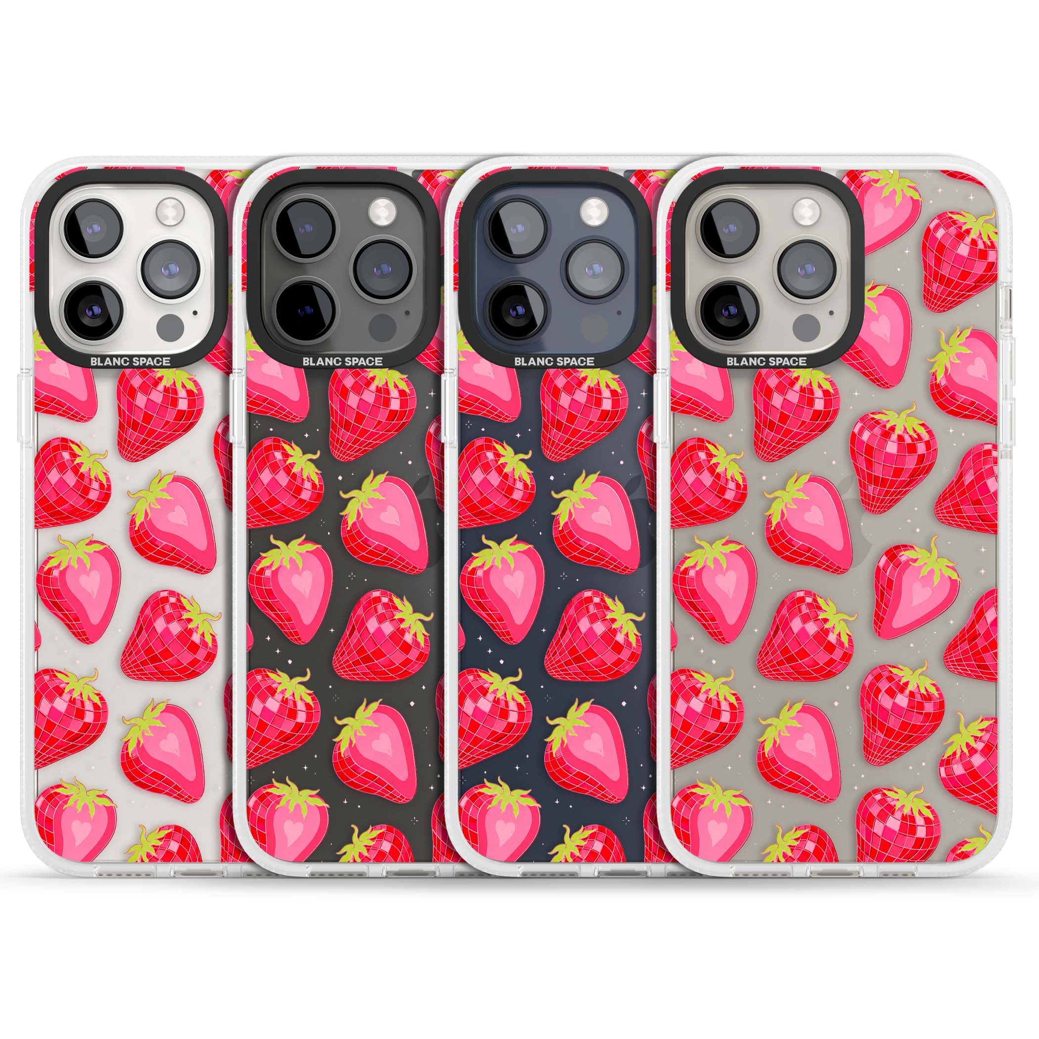 Disco Strawberry Y2K iPhone case featuring pink disco-ball strawberries, green leaves and tiny sparkles | Clear Case Impact Air case for iPhone 15 Pro, iPhone 15 Pro Max
