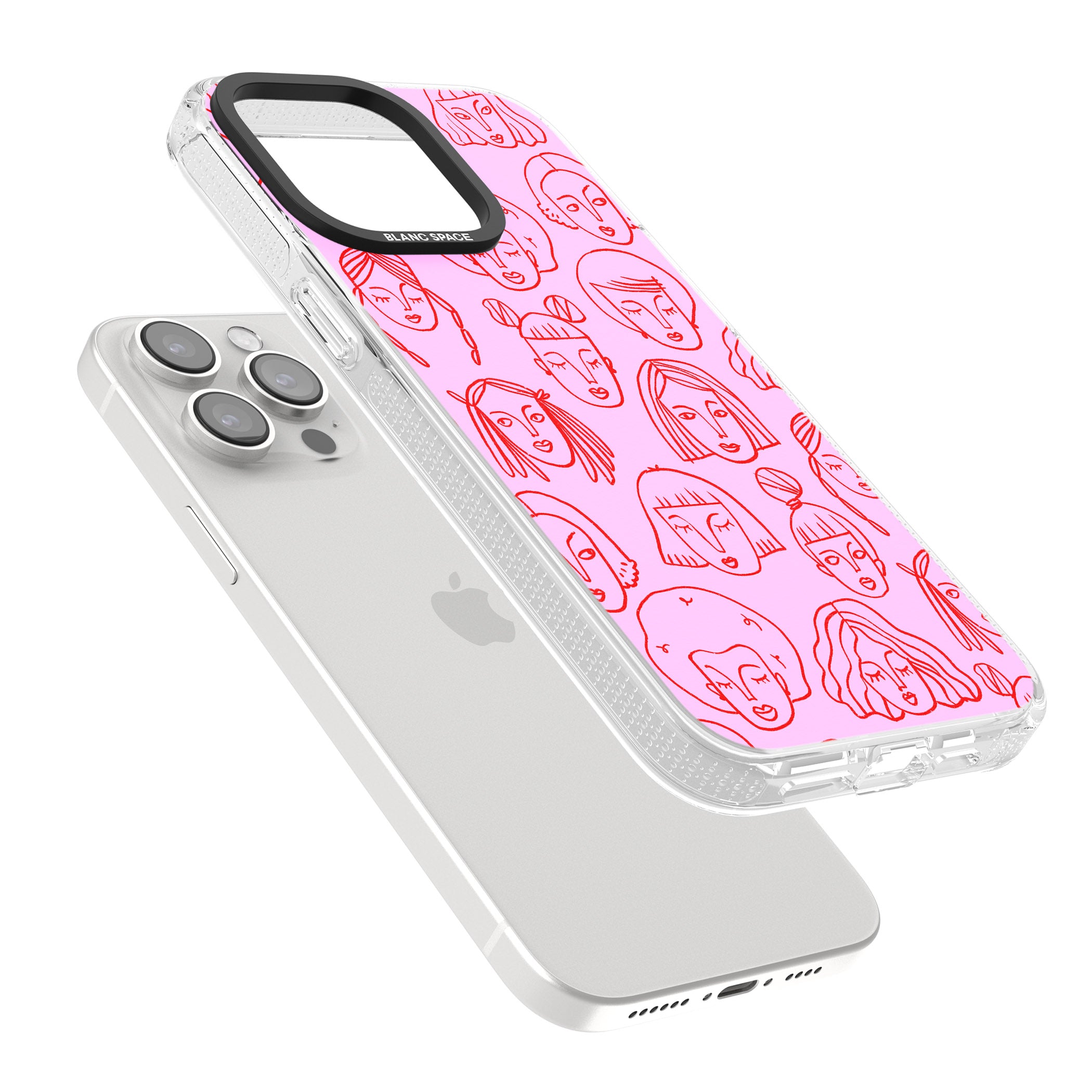 Girl Portrait Doodles in Pink & Red iPhone 15 Pro Max / 15 Pro / 14 Pro Max / 14 Pro / 13 Pro Clear Case Impact Air - Blanc Space